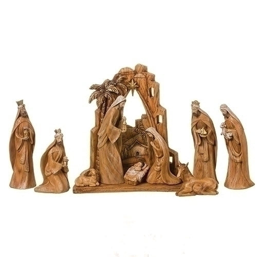 12"H 10PC Set Carved Nativity with Back drop faux wood grain