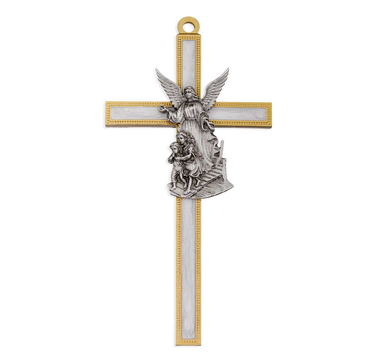 Guardian Angel in Genuine Lead Free Pewter on 5" White Pearl Epoxy Pewter Cross Boxed.