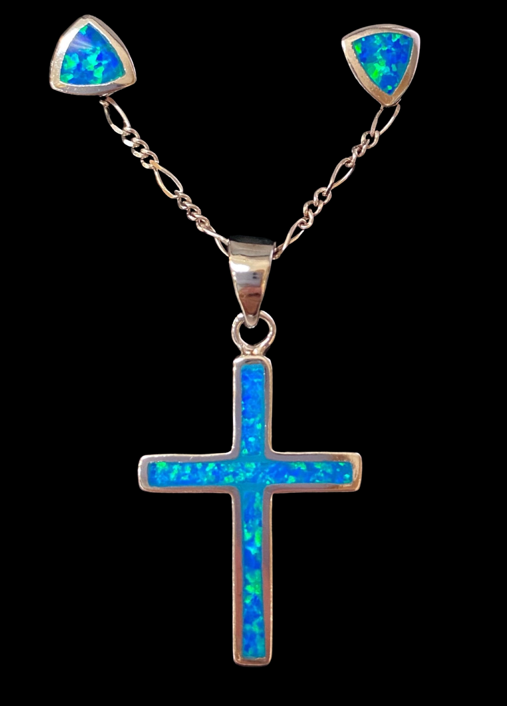 925 Sterling Silver Blue Turquoise Tone Cross and Earrings.
