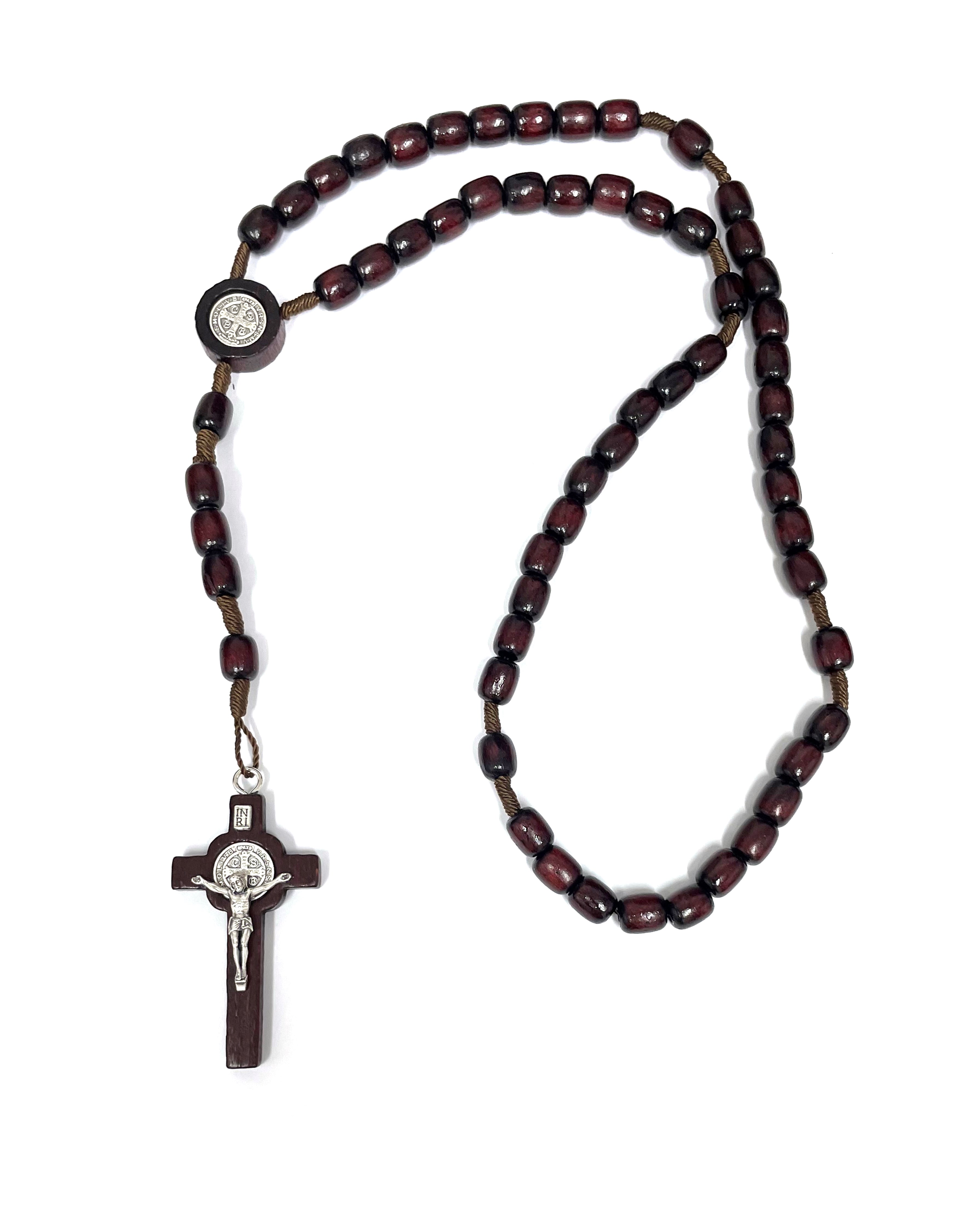 Saint Benedict wooden beads and cord rosary made Italy