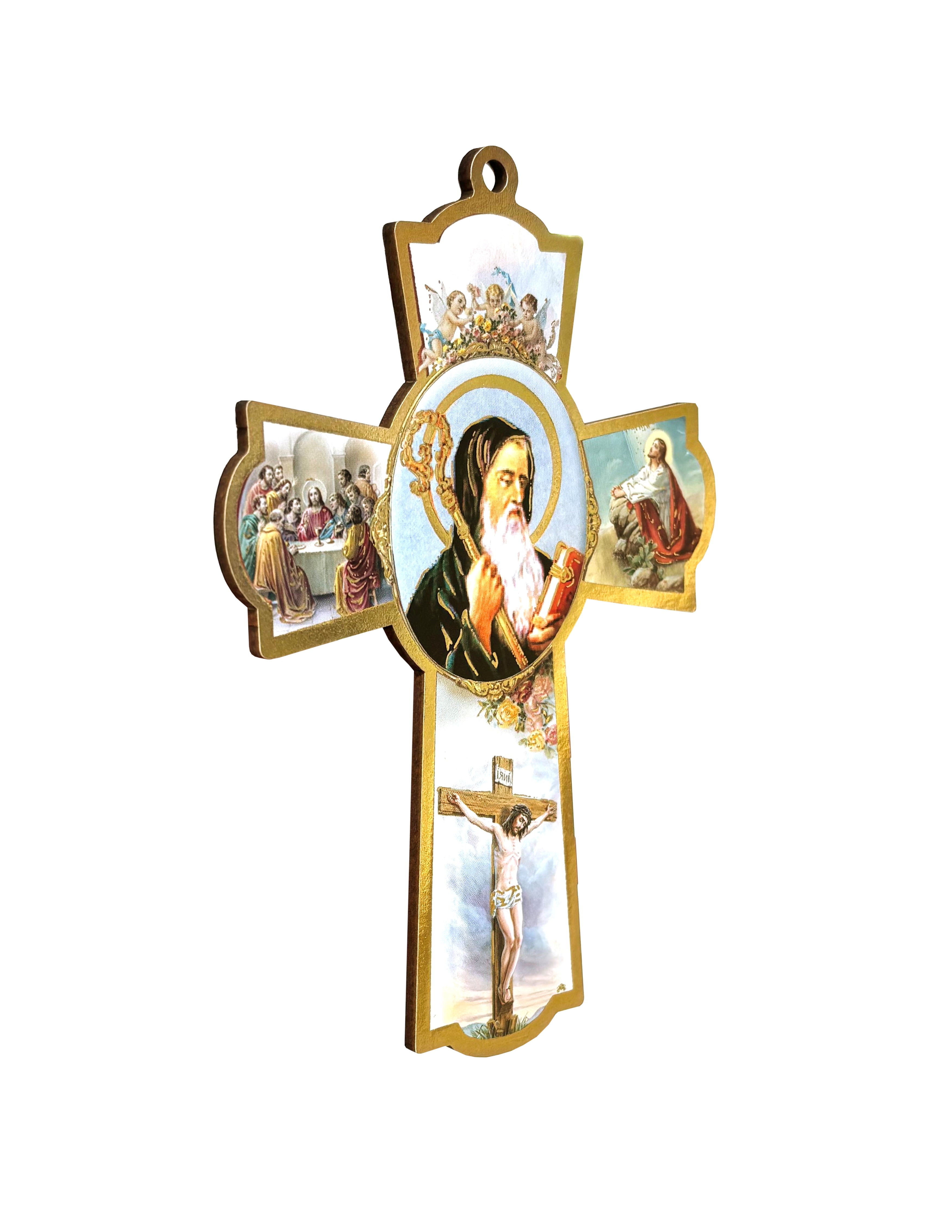 Wooden crucifixes with color images and golden details
