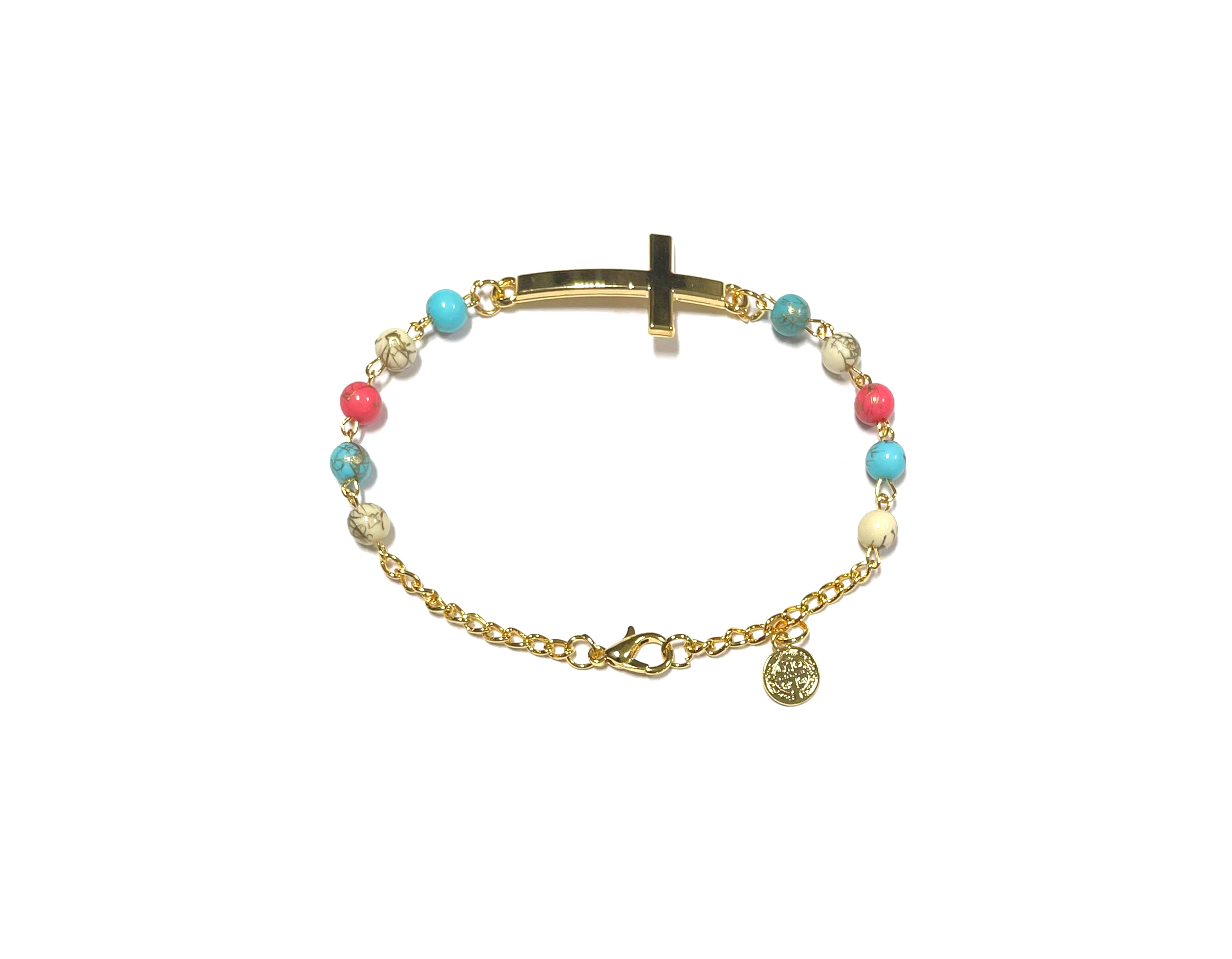 Bracelet with colorful stones beads and golden cross