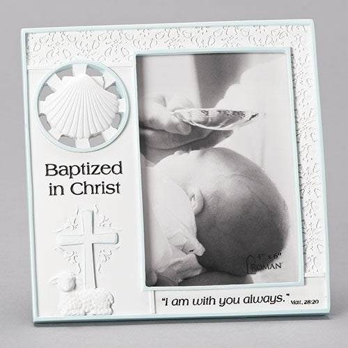 7.25"H Baptism Frame holds a  4"x6" picture Blue or Pink