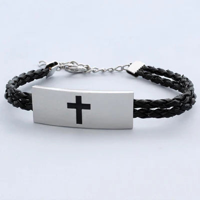 Woven leather bracelet with stainless steel cross medallion.