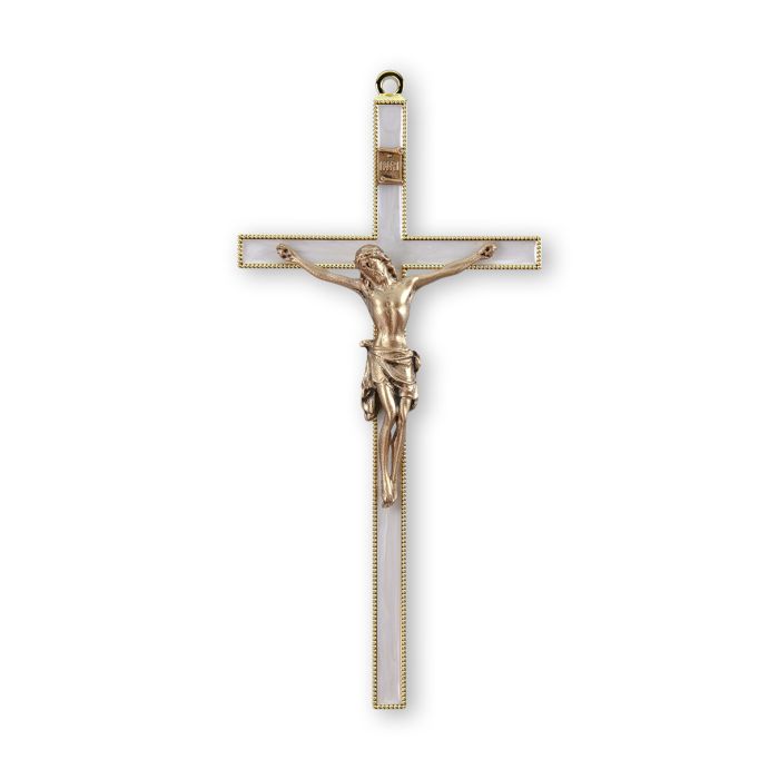 7" Pearlized Gold Plated Cross with Genuine Pewter or Gold Crucified Jesus Figure Gift Boxed