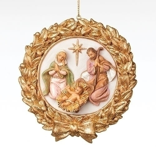 4"H Holy Family in Gold wreath 2023 ornament