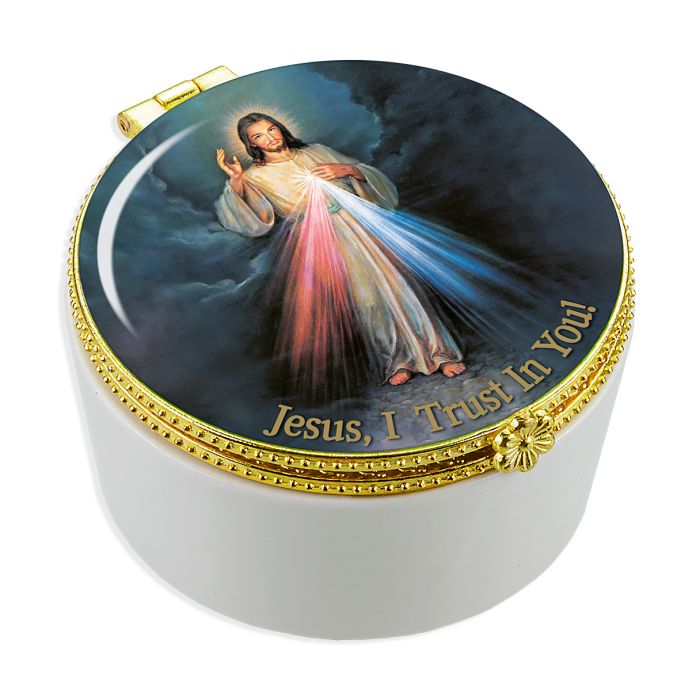 Porcelain Rosary Box with Divine Mercy Glass Cover
