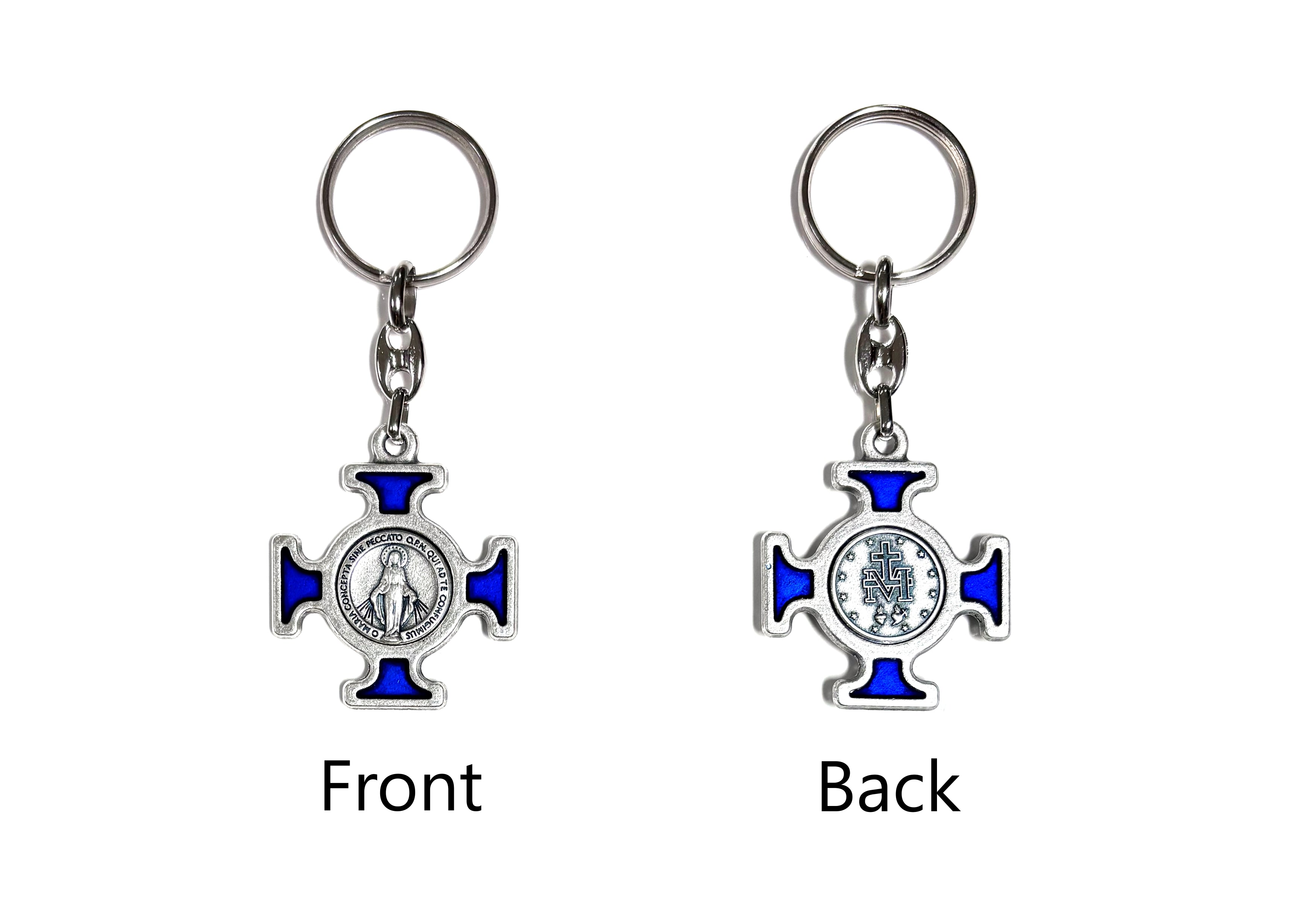 Our Lady of Grace and Miraculous medal blue enamel cross keychain