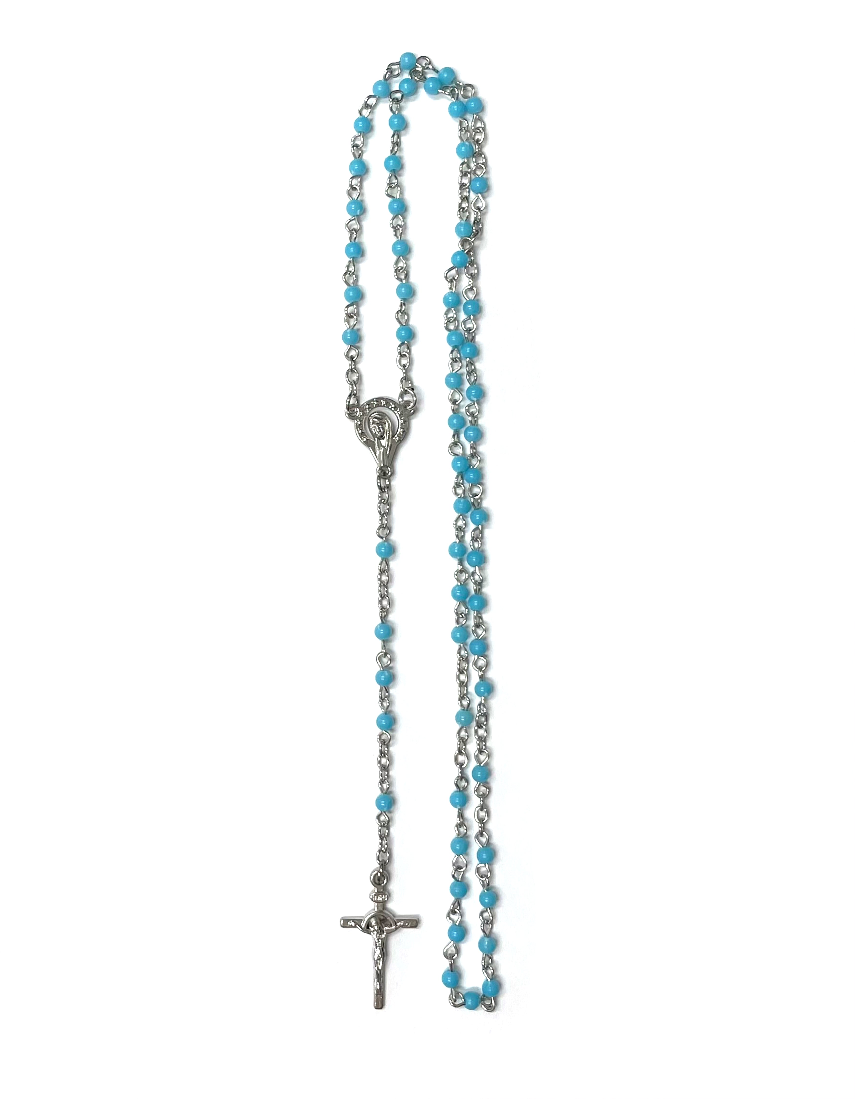 Silvered rosary with colorful plastic beads