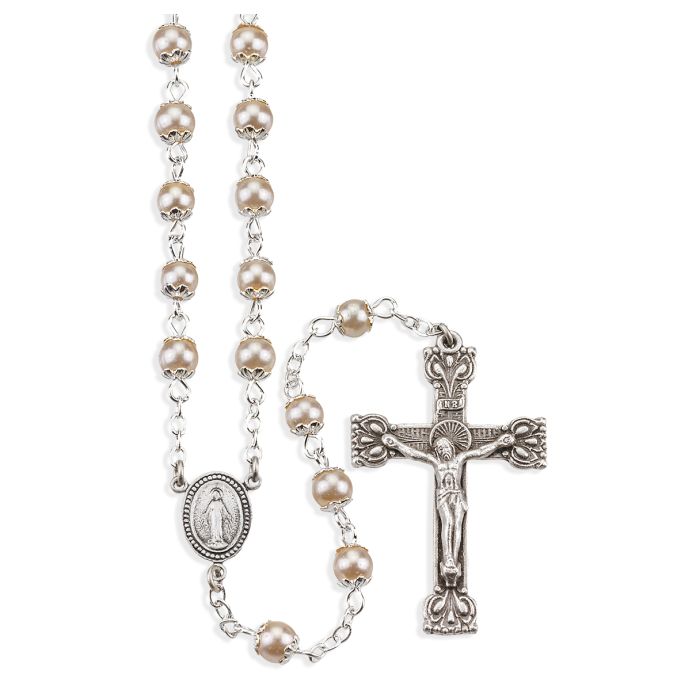 Capped Imitation Pearl Glass Bead Rosary