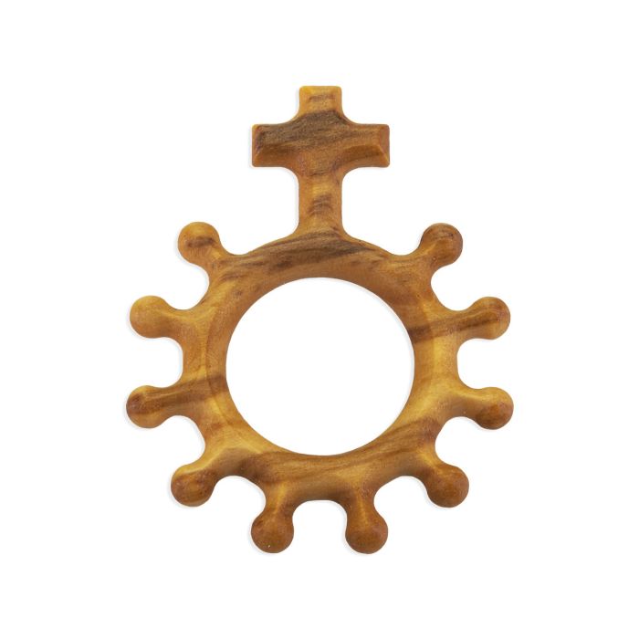 1 1/2" Olive Wood Finger Rosary Ring with Cross