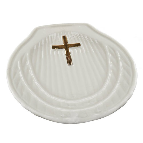 Baptismal Shell - Porcelain white with gold Cross