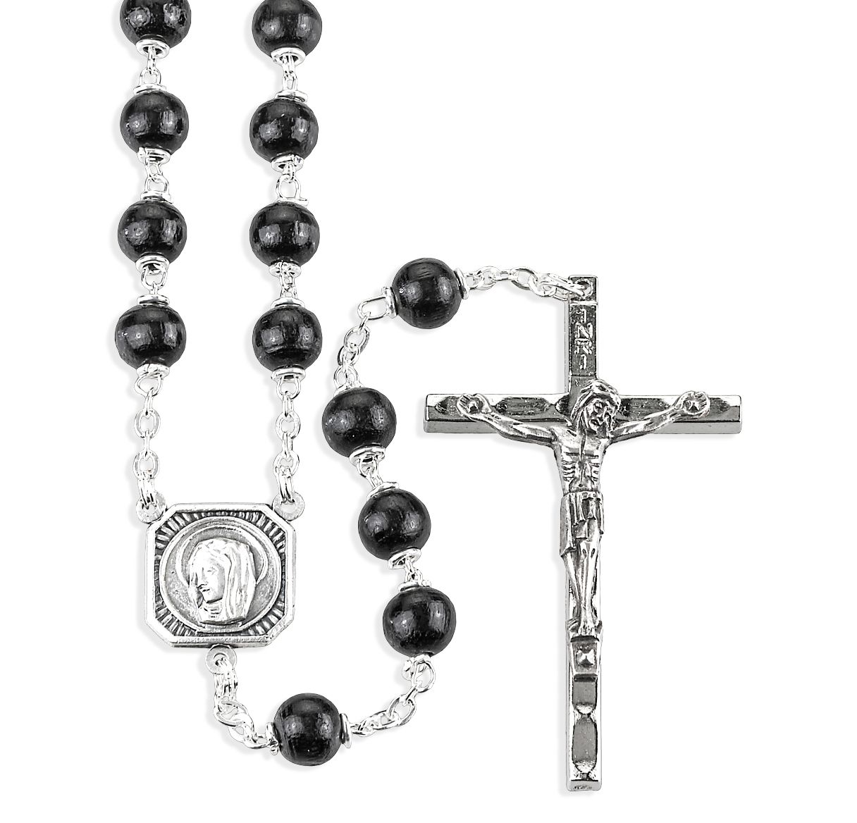 7mm Round Black Boxwood Bead Rosary Lock-Link Construction Christ Madonna Center Silver Oxidized Crucifix
