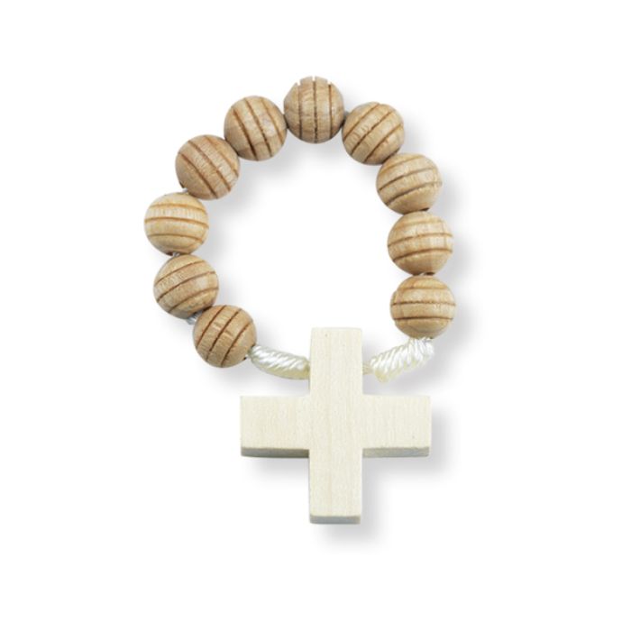 Natural Carved Wood Cross Rosary Ring