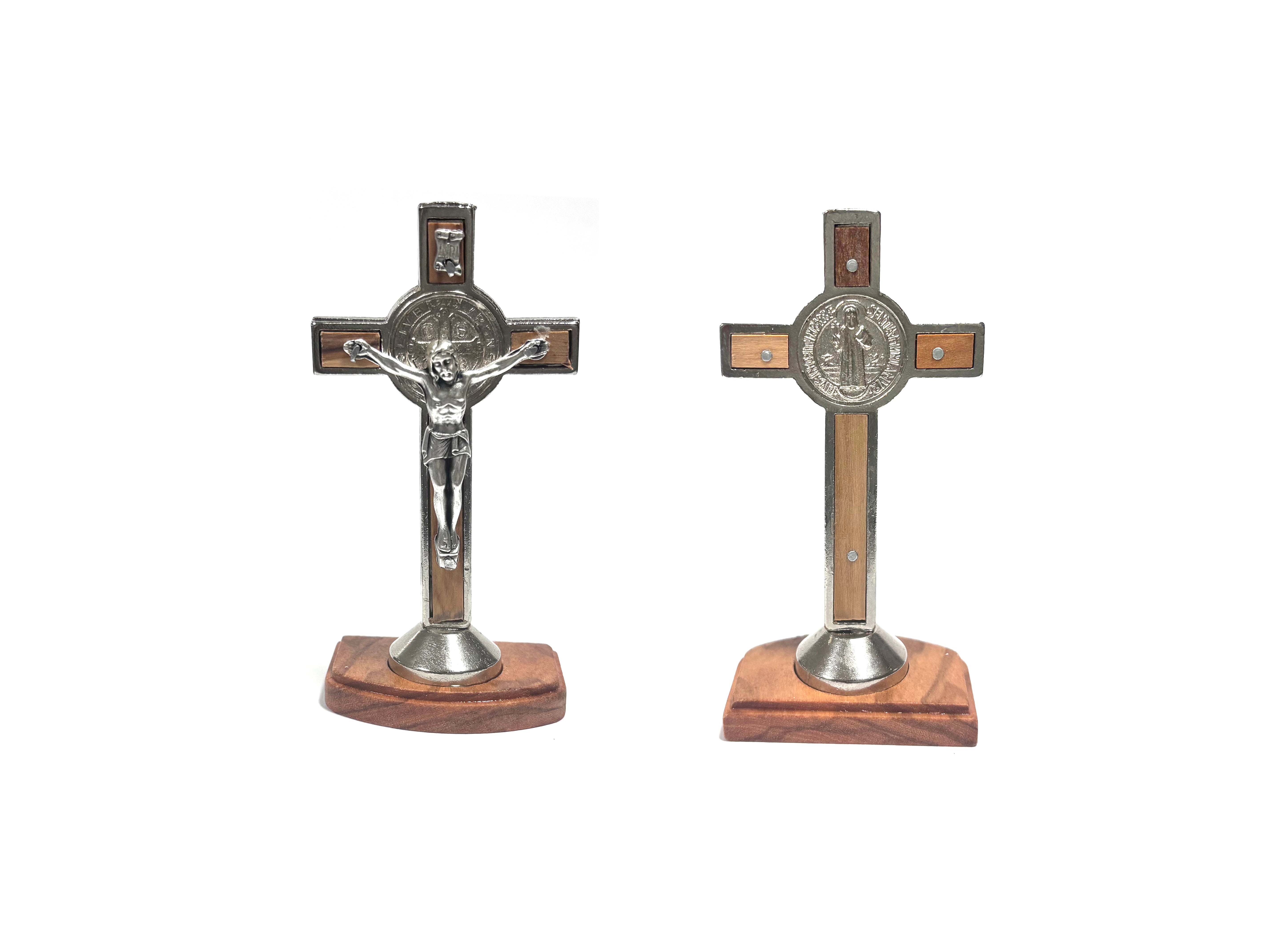 Small Wooden Saint Benedict Cross with Base 3"