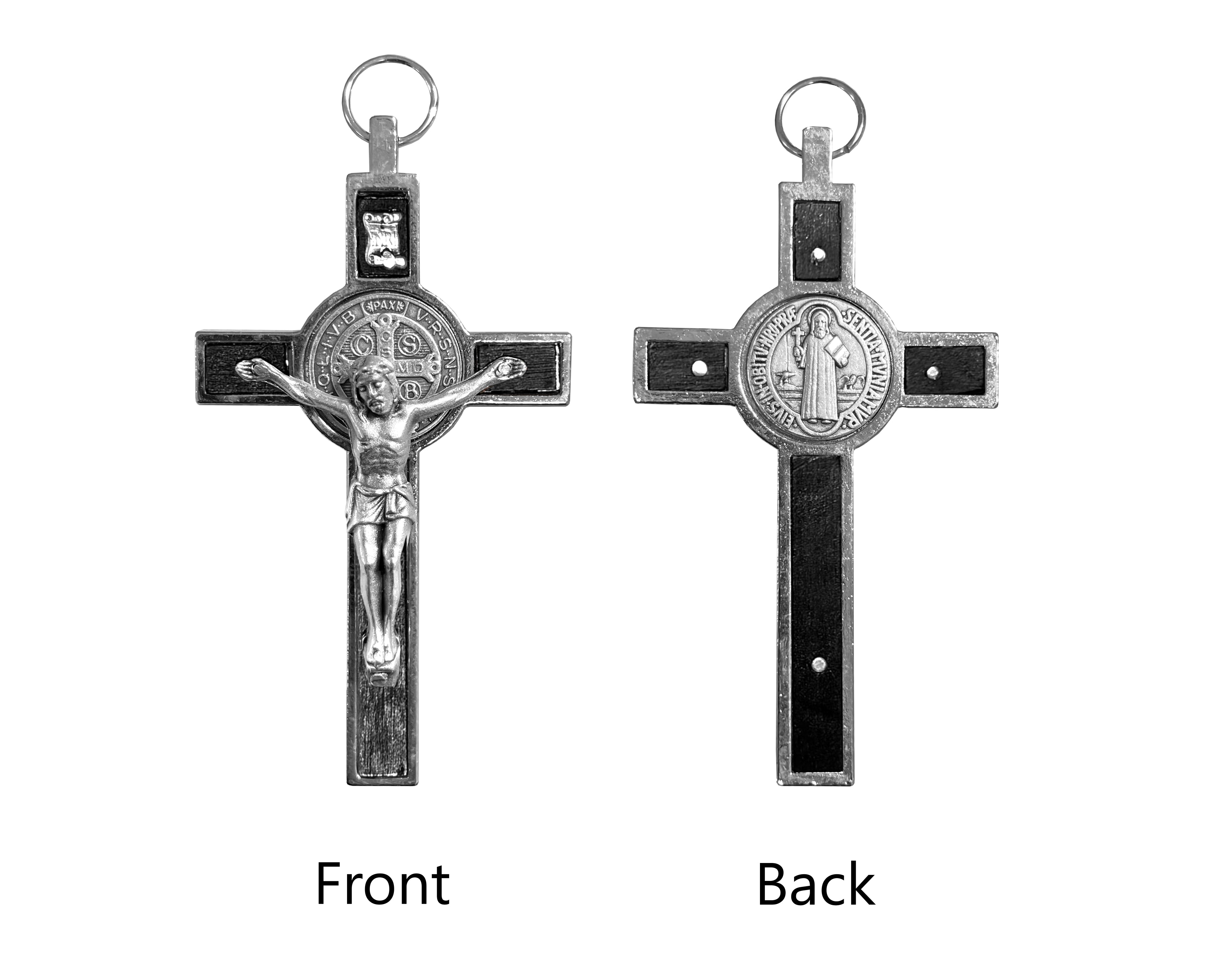Small luxury silver and black wood detail Crucifix with Saint Benedict medal 3.2"