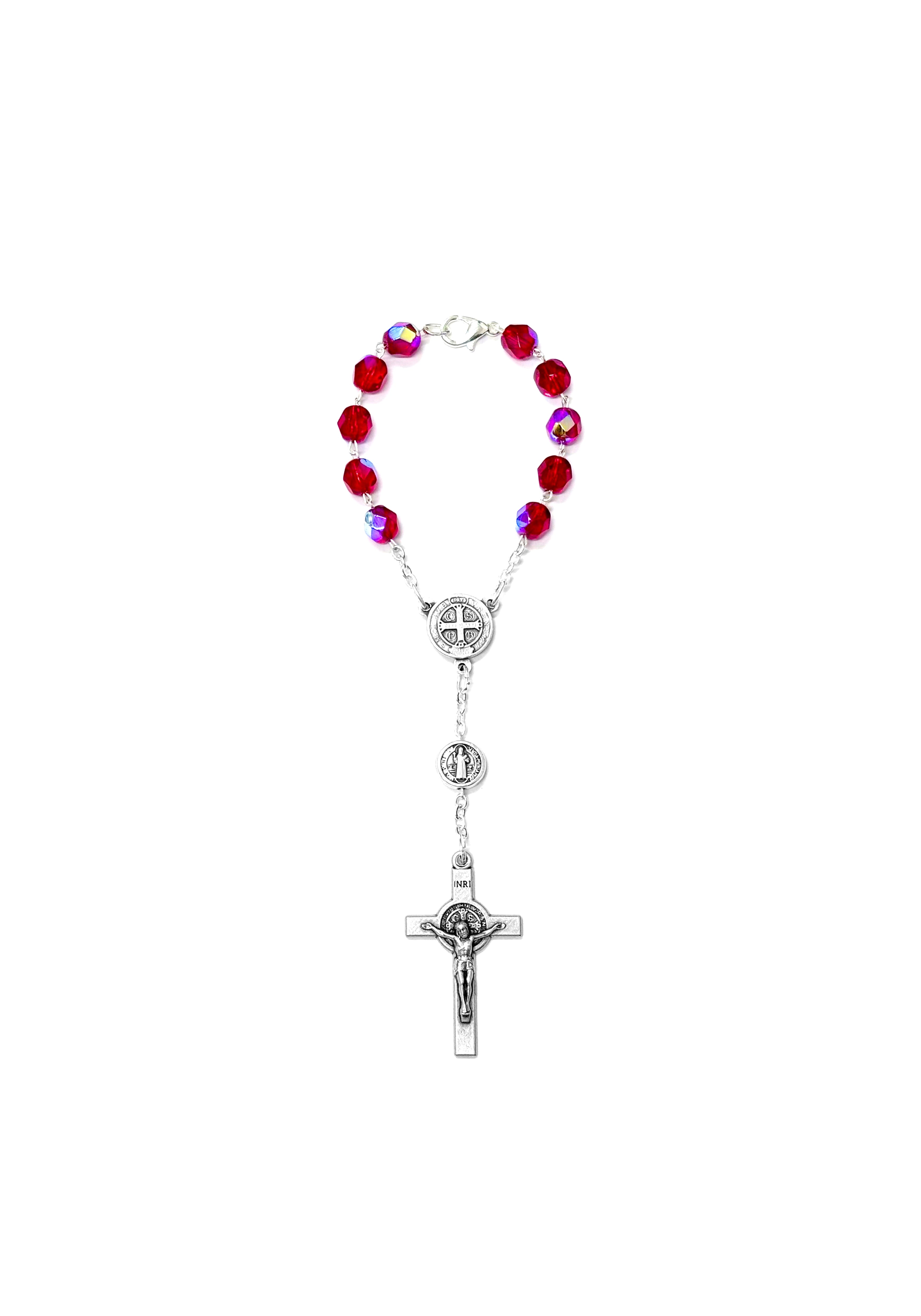 Red crystal car rosary with medal and cross of Saint Benedict
