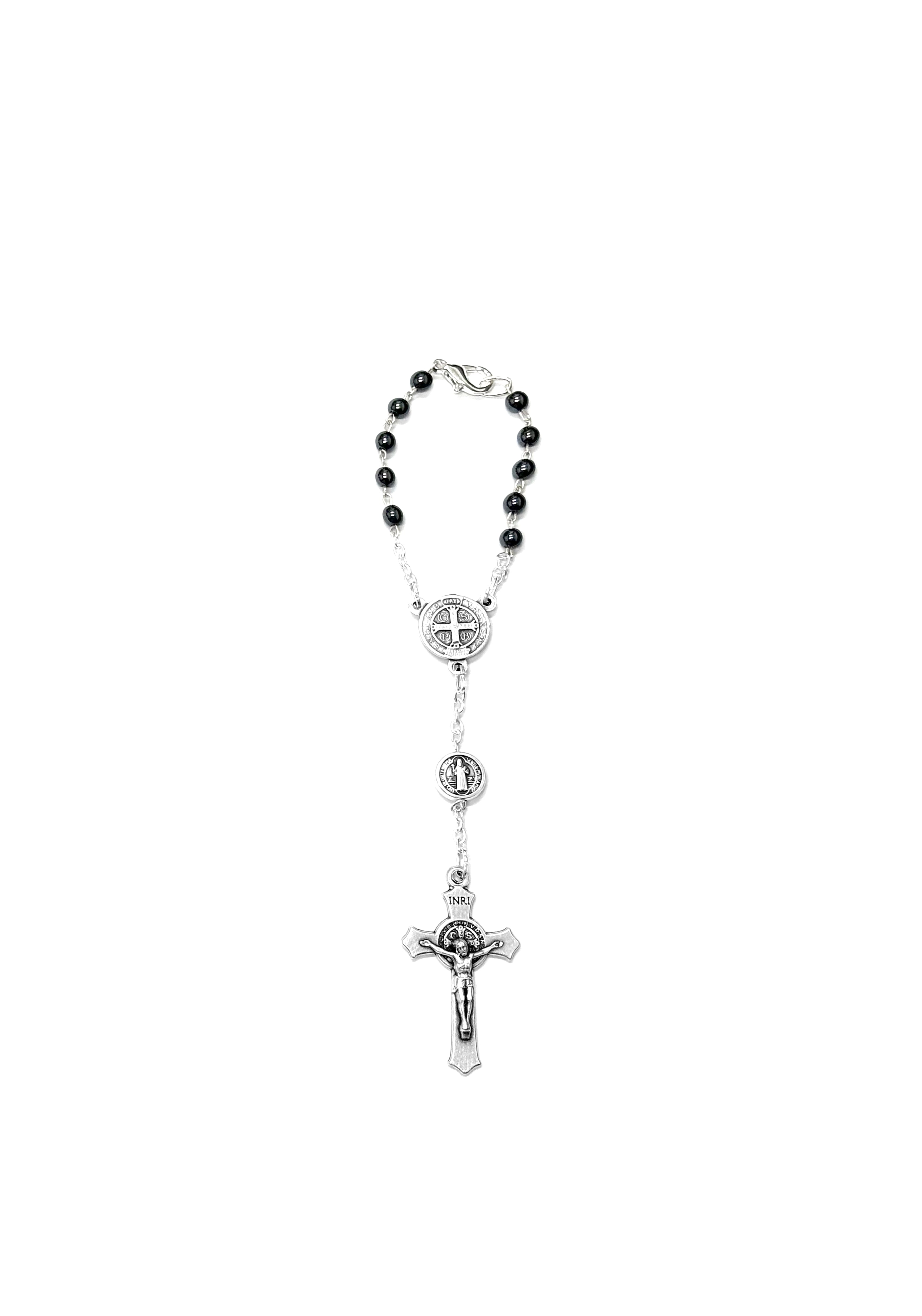 Hematite stone car rosary with medal and cross of Saint Benedict