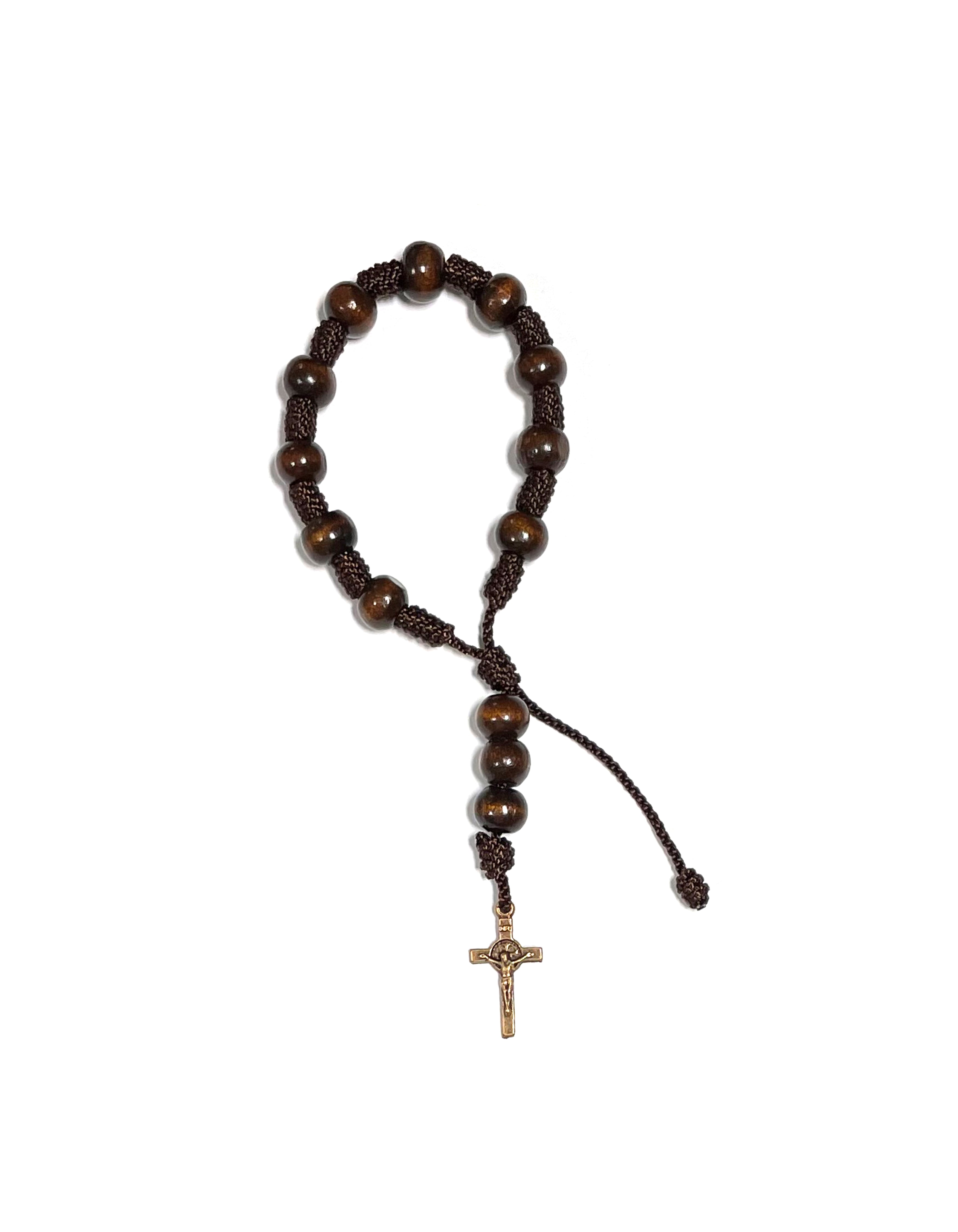 Decade bracelet with small cross of Saint Benedict made with wooden beads and adjustable cord