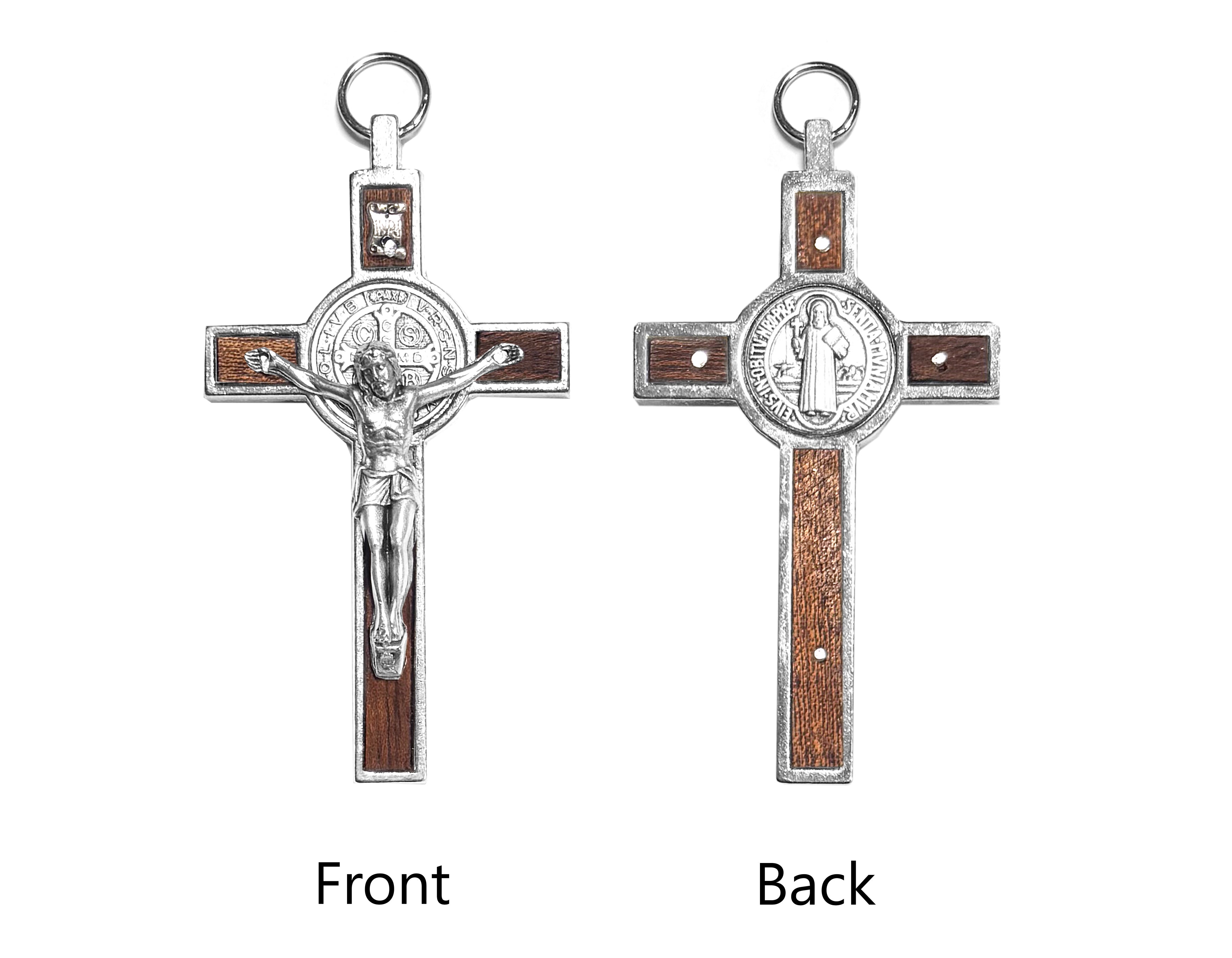Small luxury silver and wood detail Crucifix with Saint Benedict medal 3.2"