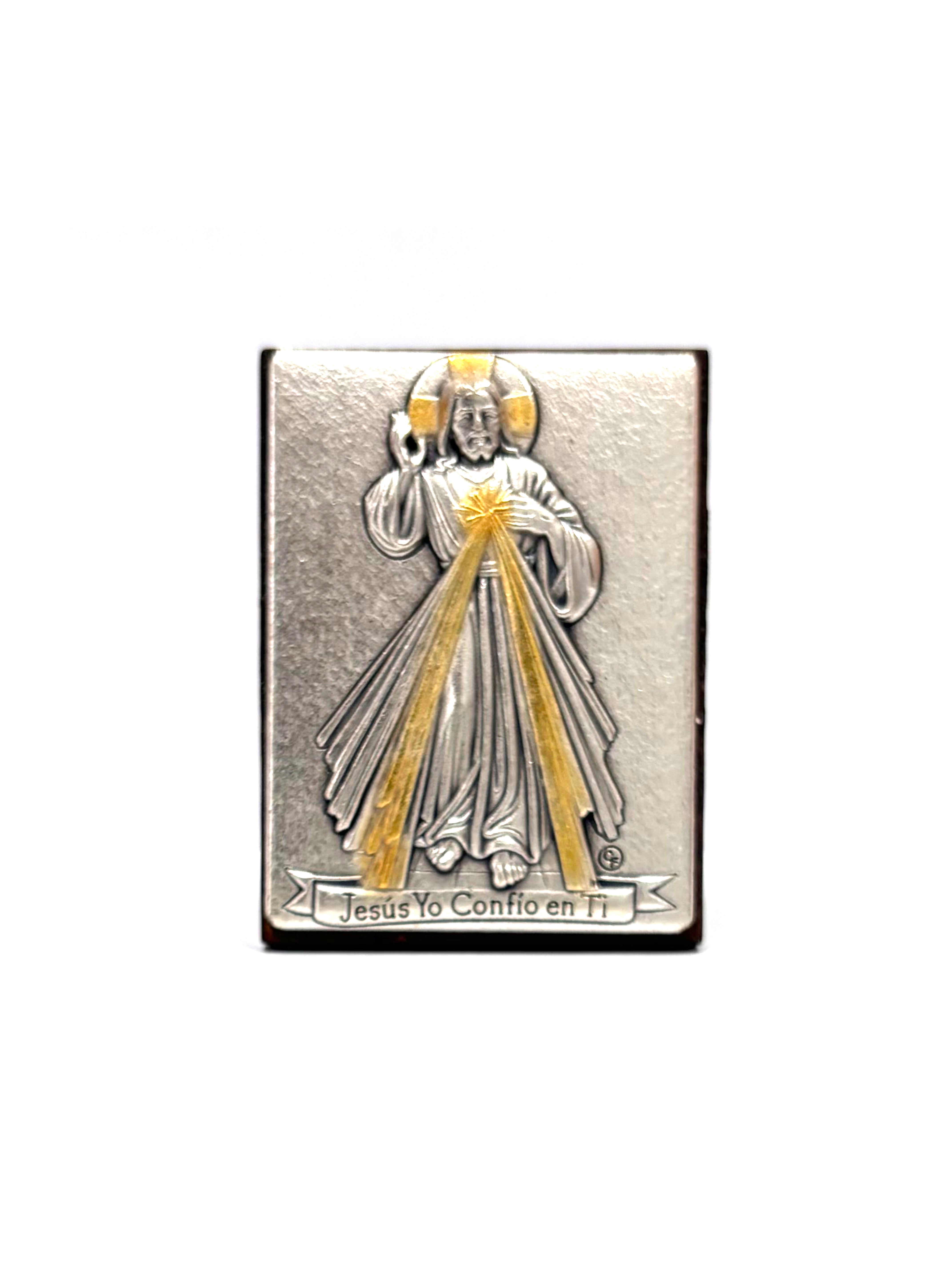 Religious images in silver and gold laminate wood frame
