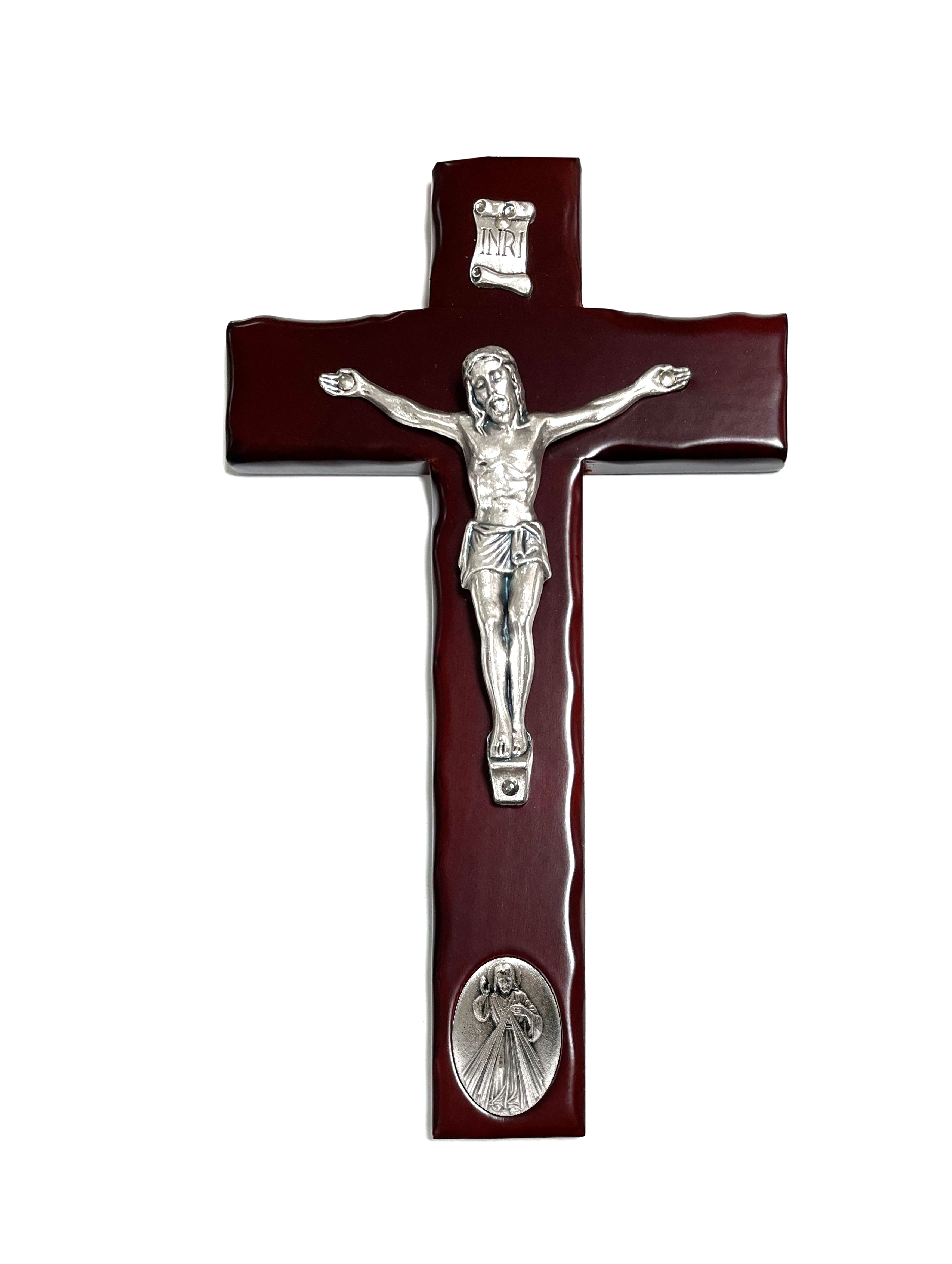 Brown wooden cross with silver medal