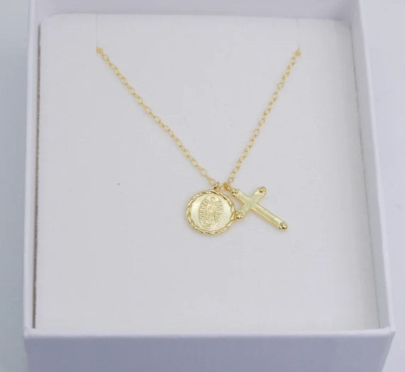 Gold-Plated Silver Cross & Guadalupe Necklace