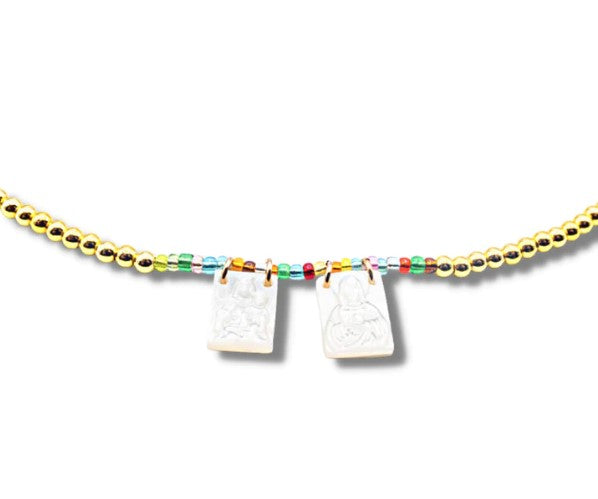 Mother of Pearl Scapular Pendants on Gold-Plated Beaded Choker Necklace