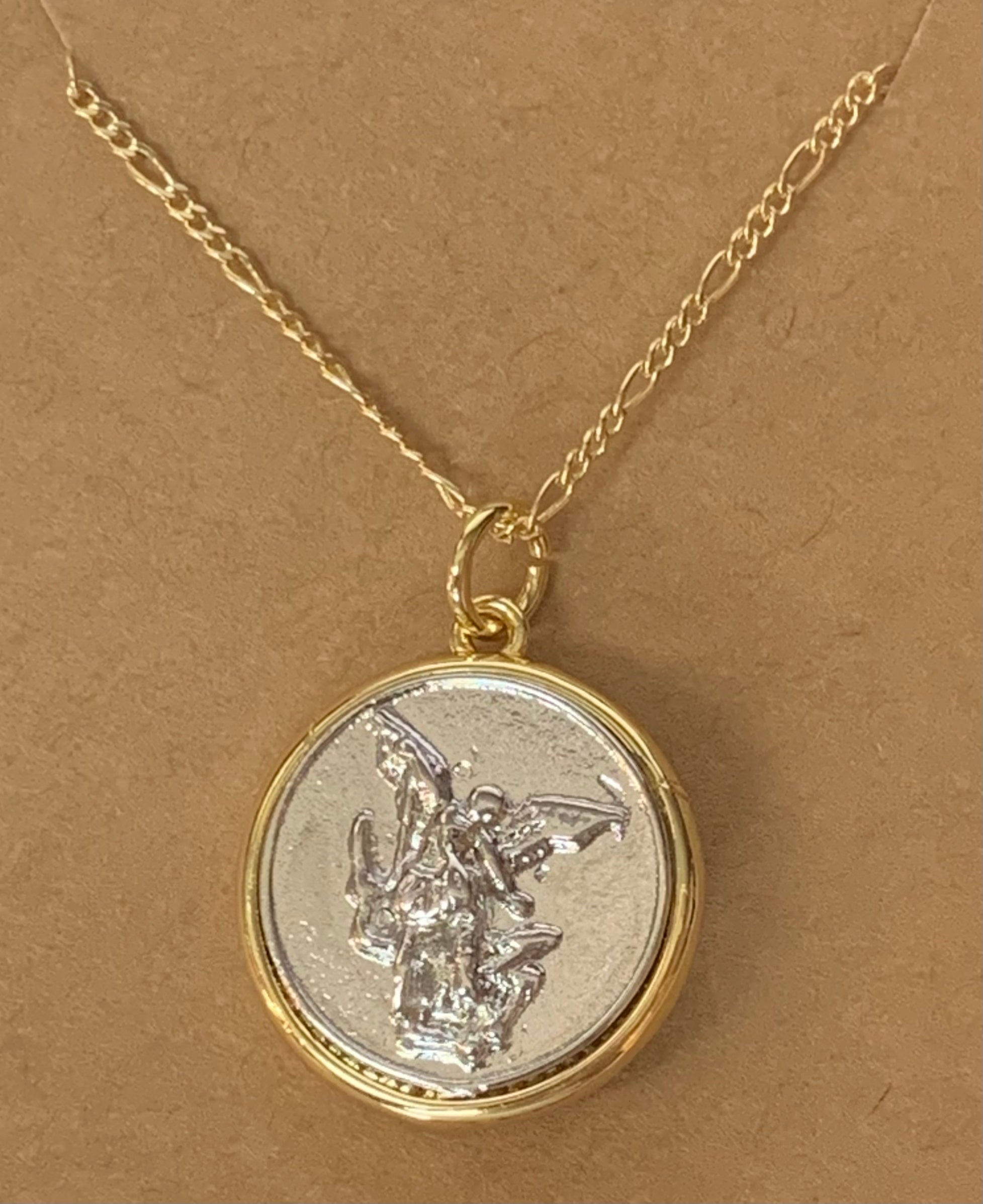 Saint Michael silver medal with gold filled border and chain