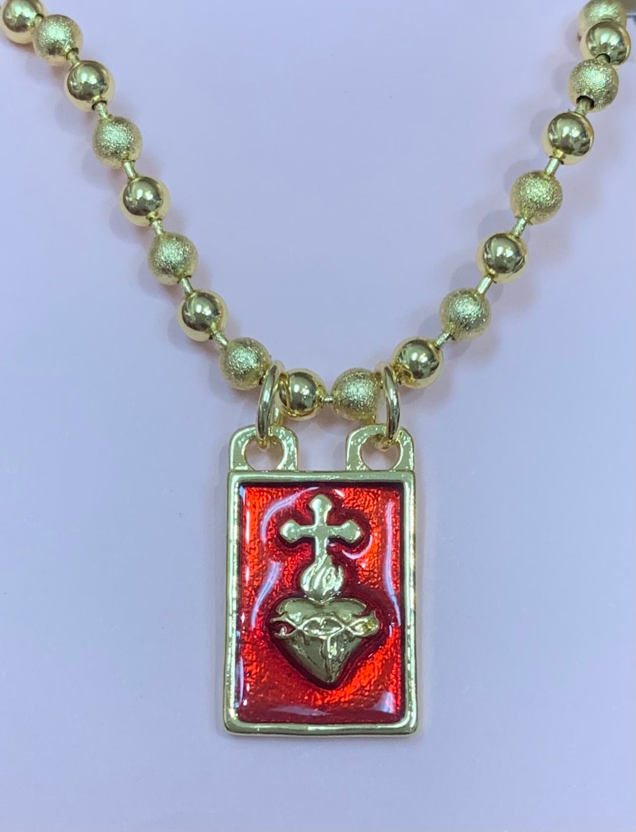 Gold filled fashionable red Sacred Heart Scapular necklace