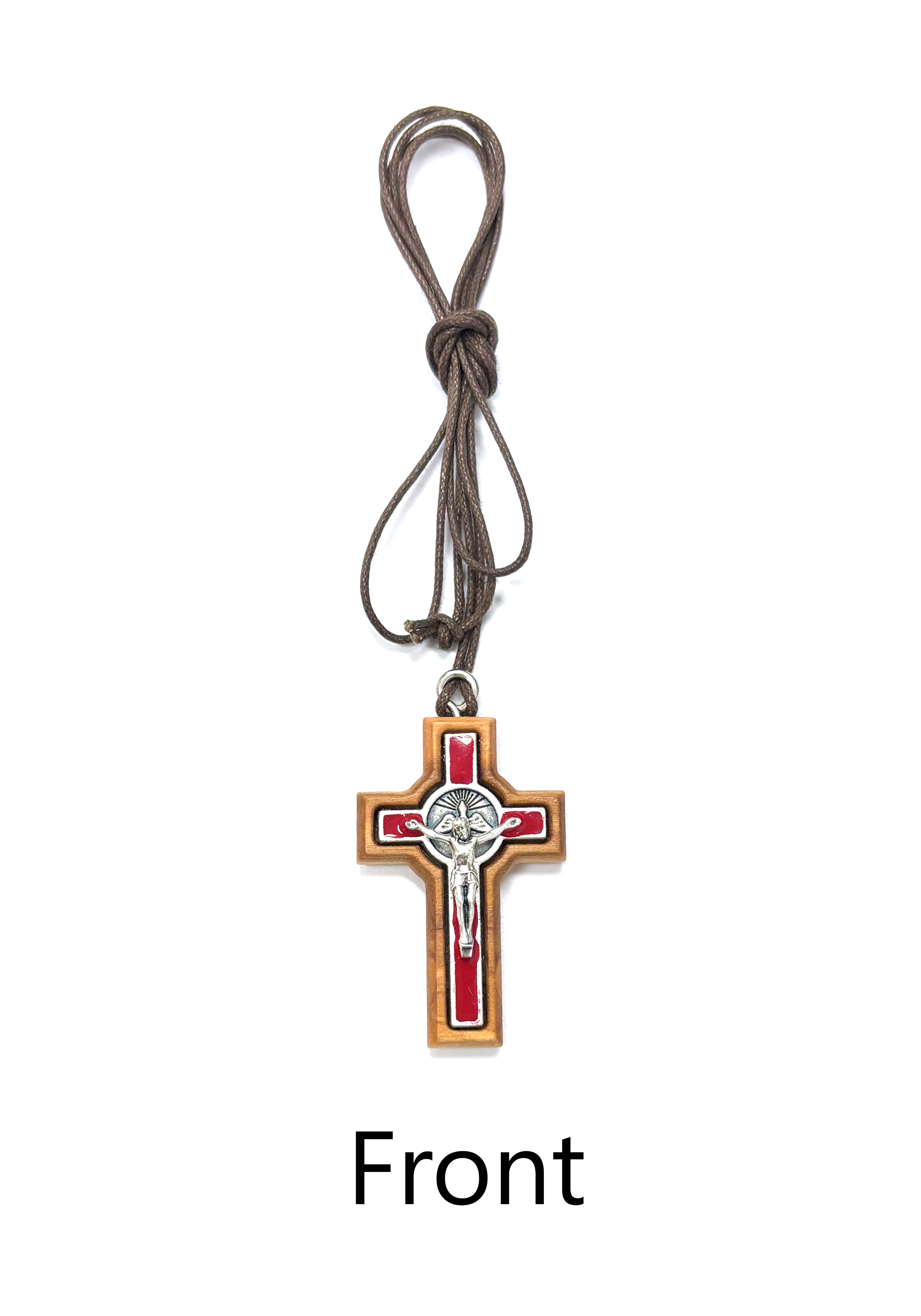 Olive wood and red enamel Holy Spirit cross with brown cord