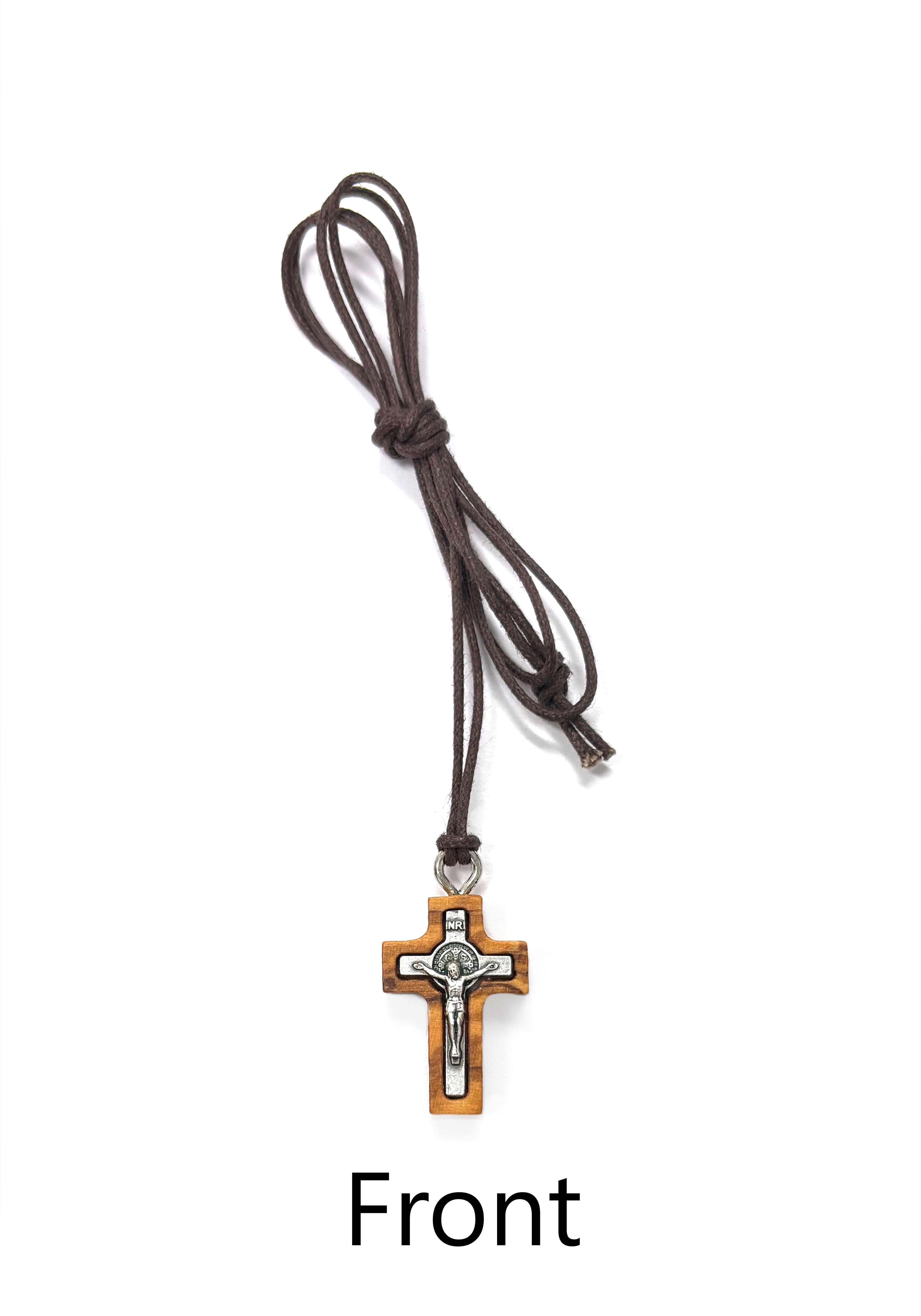 Olive wood Saint Benedict Cross with brown cord
