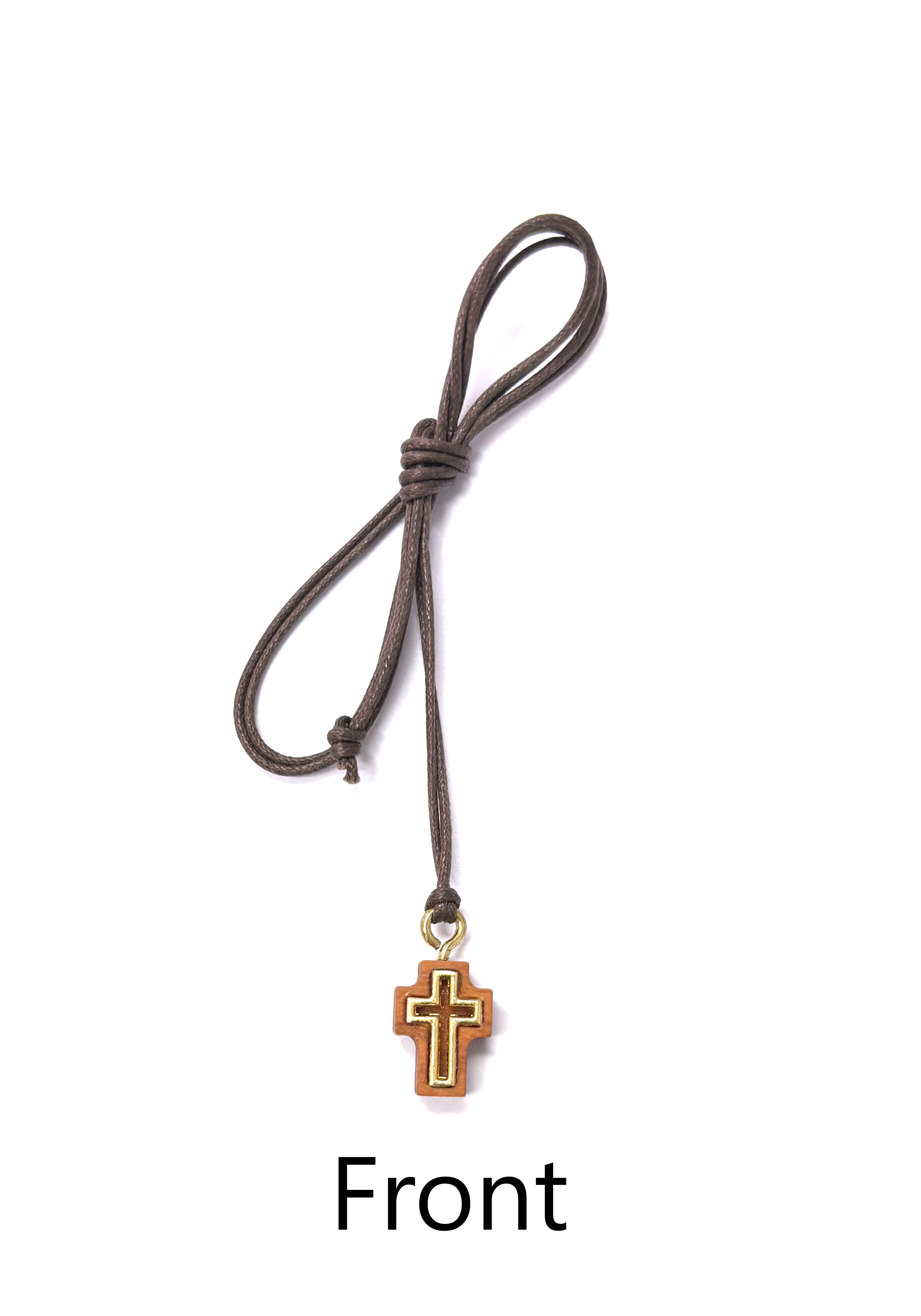 Tiny olive wood gold detail Cross with brown cord