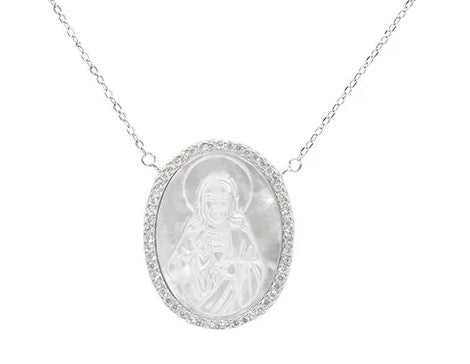925 Sterling Silver Necklace Sacred Heart of Jesus Medal with crystals