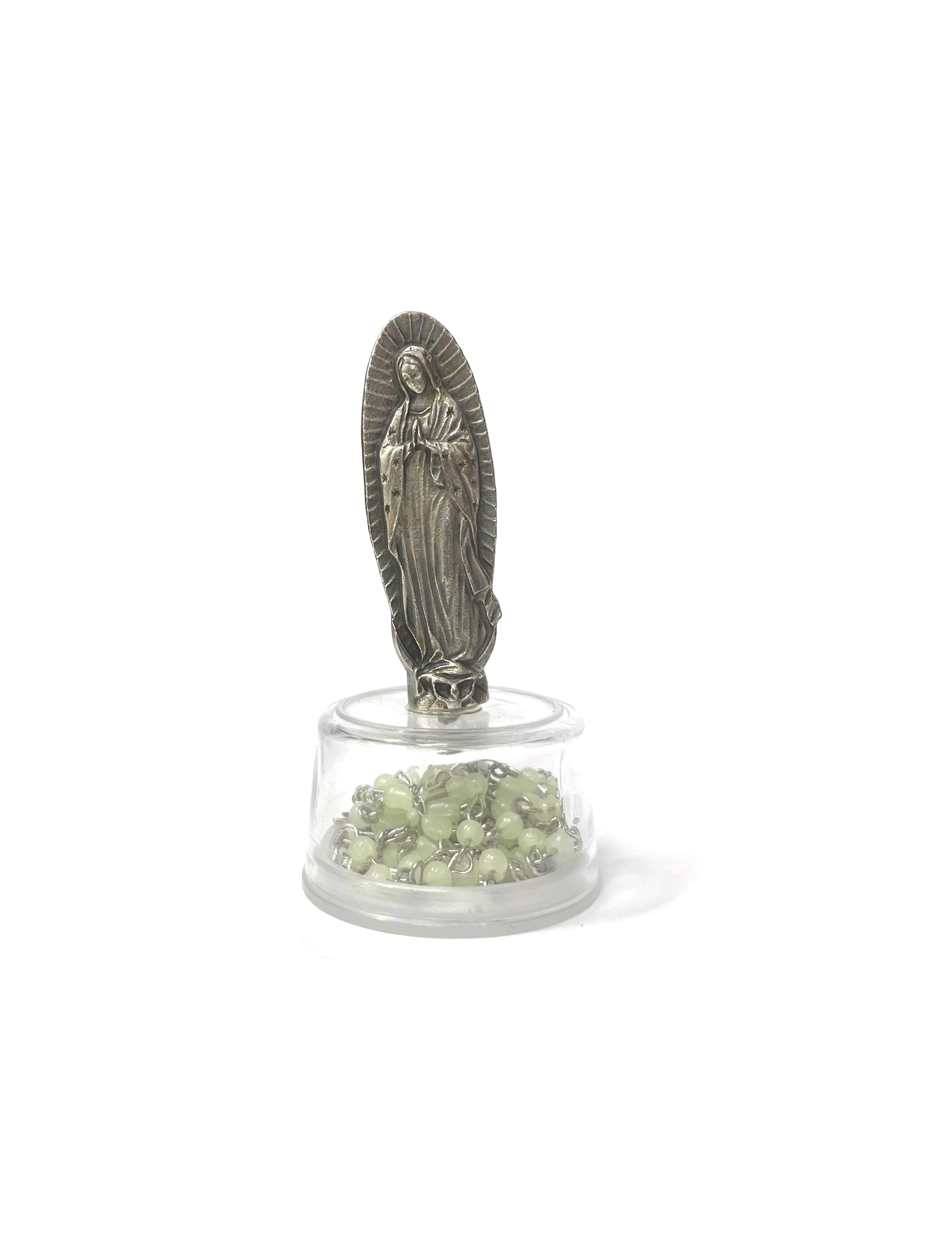 Virgin Mary decorated box with silvered rosary with colorful plastic beads