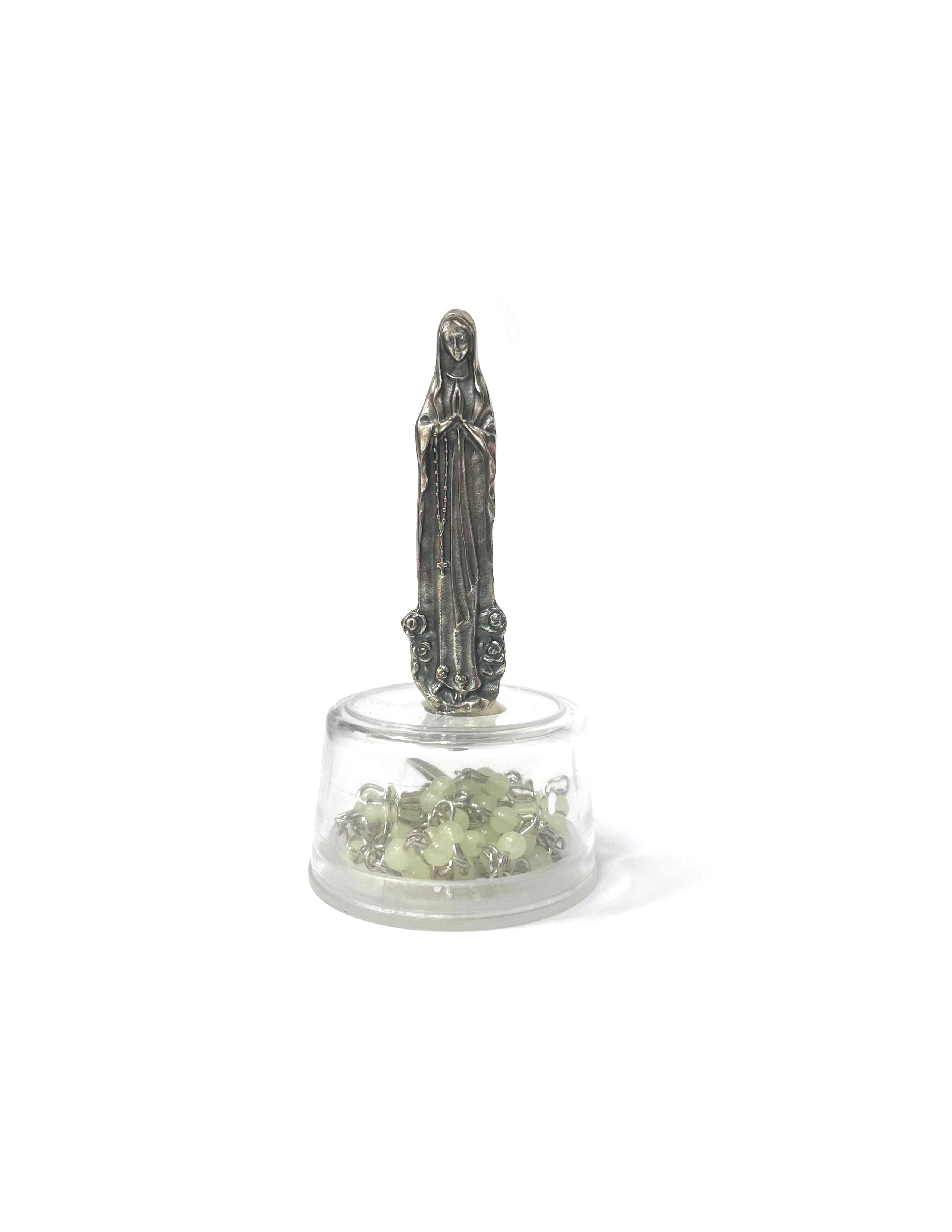 Virgin Mary decorated box with silvered rosary with colorful plastic beads