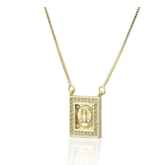 Gold-Plated Holy Spirit Square Necklace w/ Zirconias