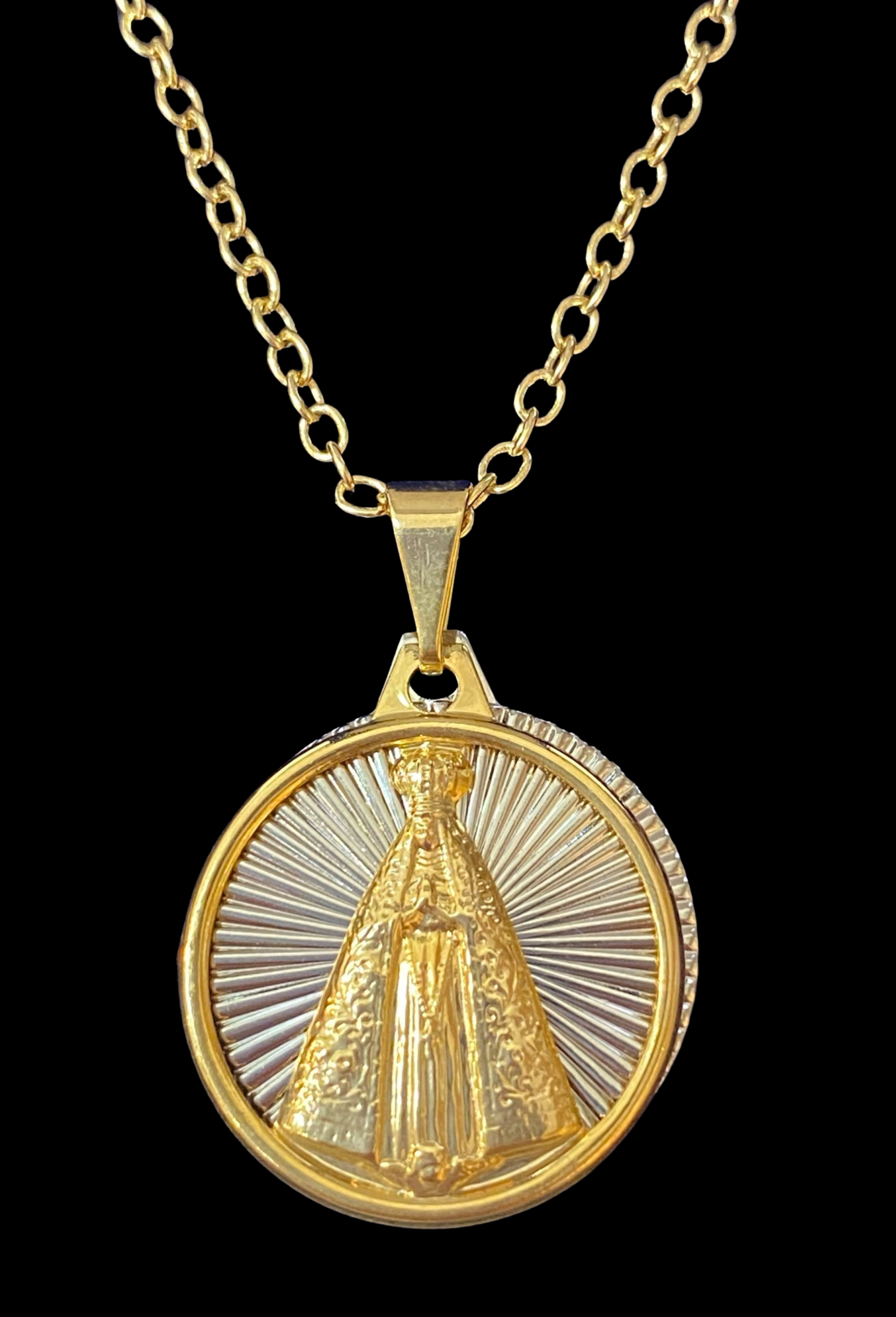 Caridad del Cobre double  medal with chain 18 K Gold Over Sterling Silver