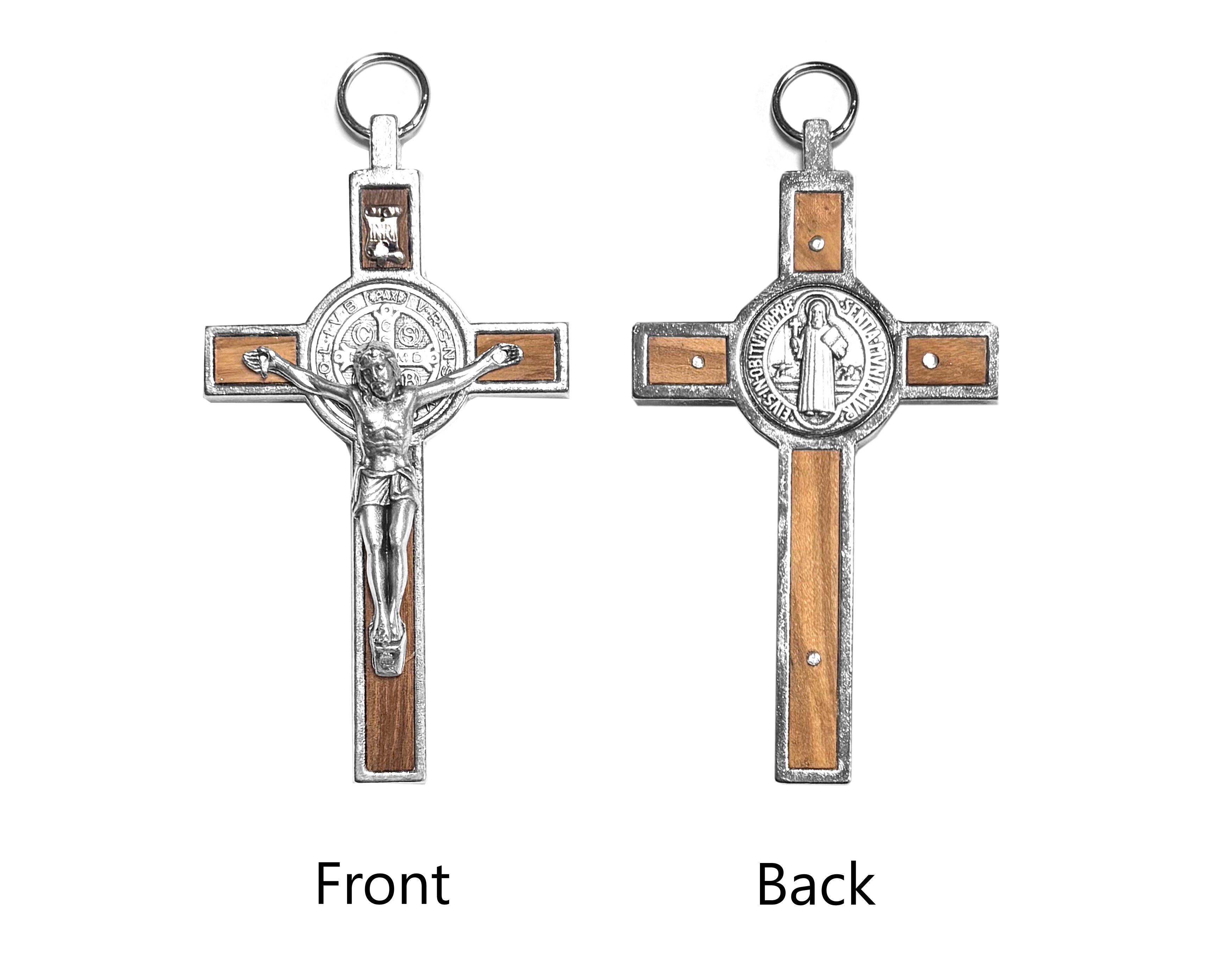 Small luxury silver and wood detail Crucifix with Saint Benedict medal 3.2"