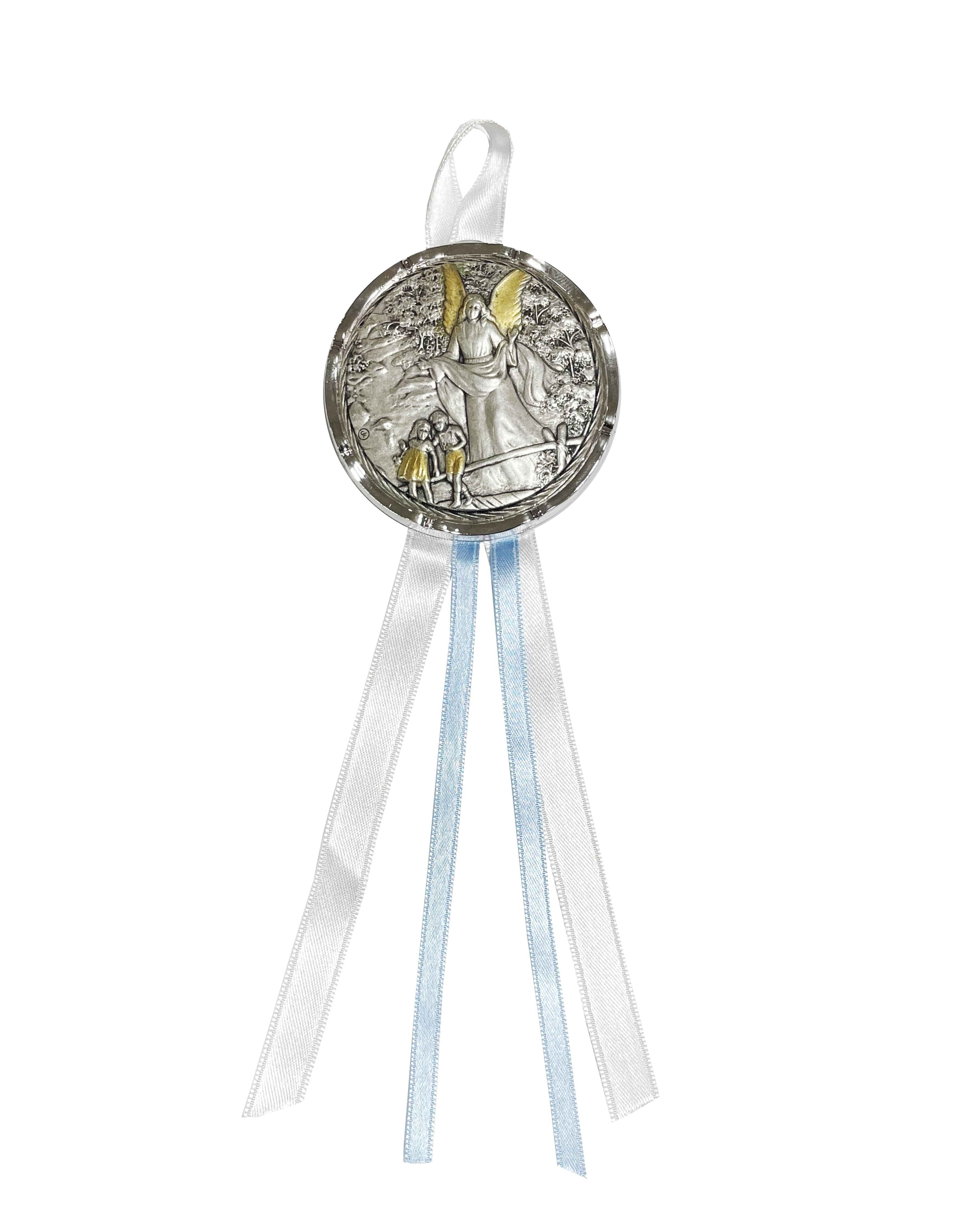 Guardian Angel crib medal, round decorated with silk ribbon