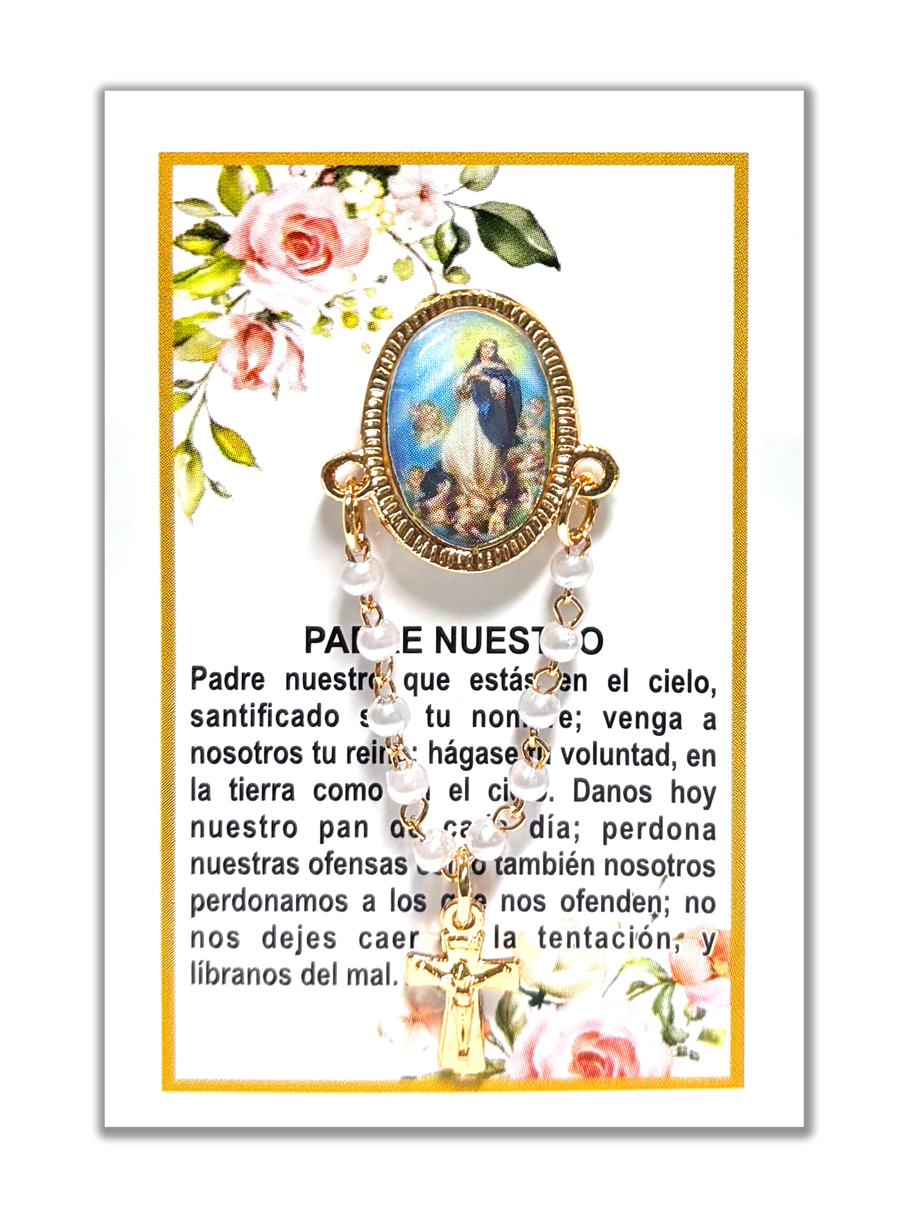 Oval lapel pin with religious images and decade included