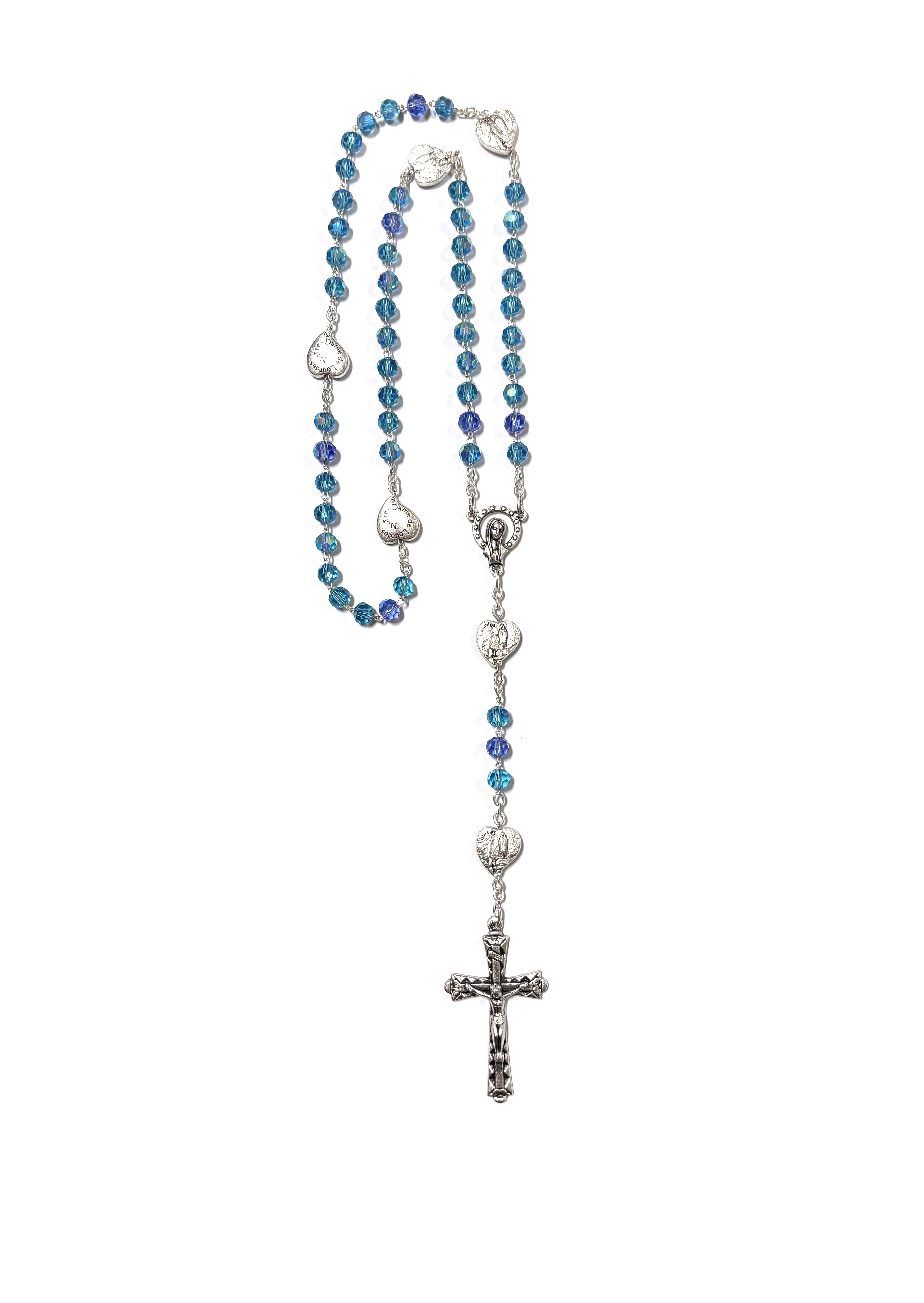Rosary of Our Lady of Lourdes with blue cristal and heart-shaped beads