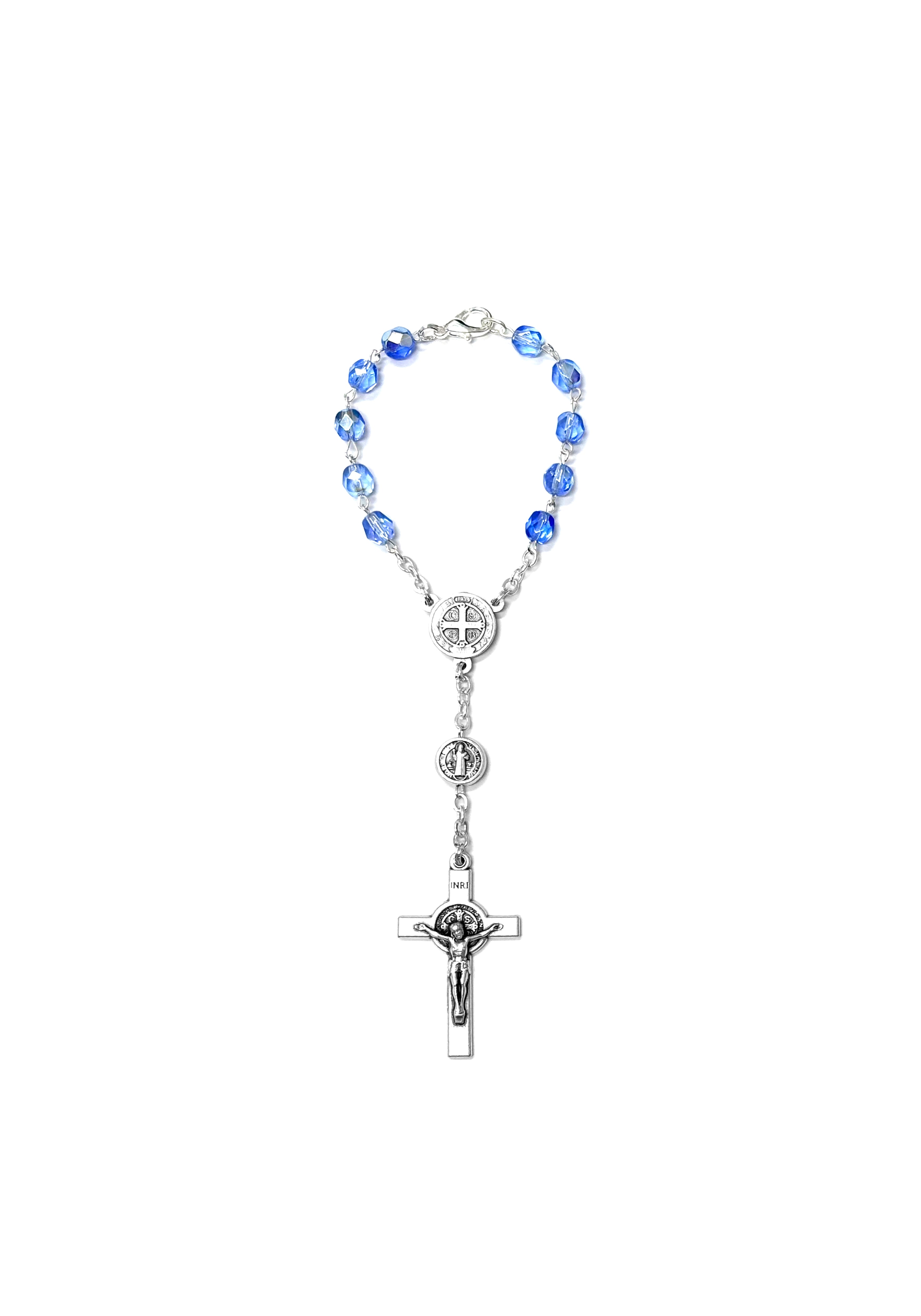 Blue crystal car rosary with medal and cross of Saint Benedict
