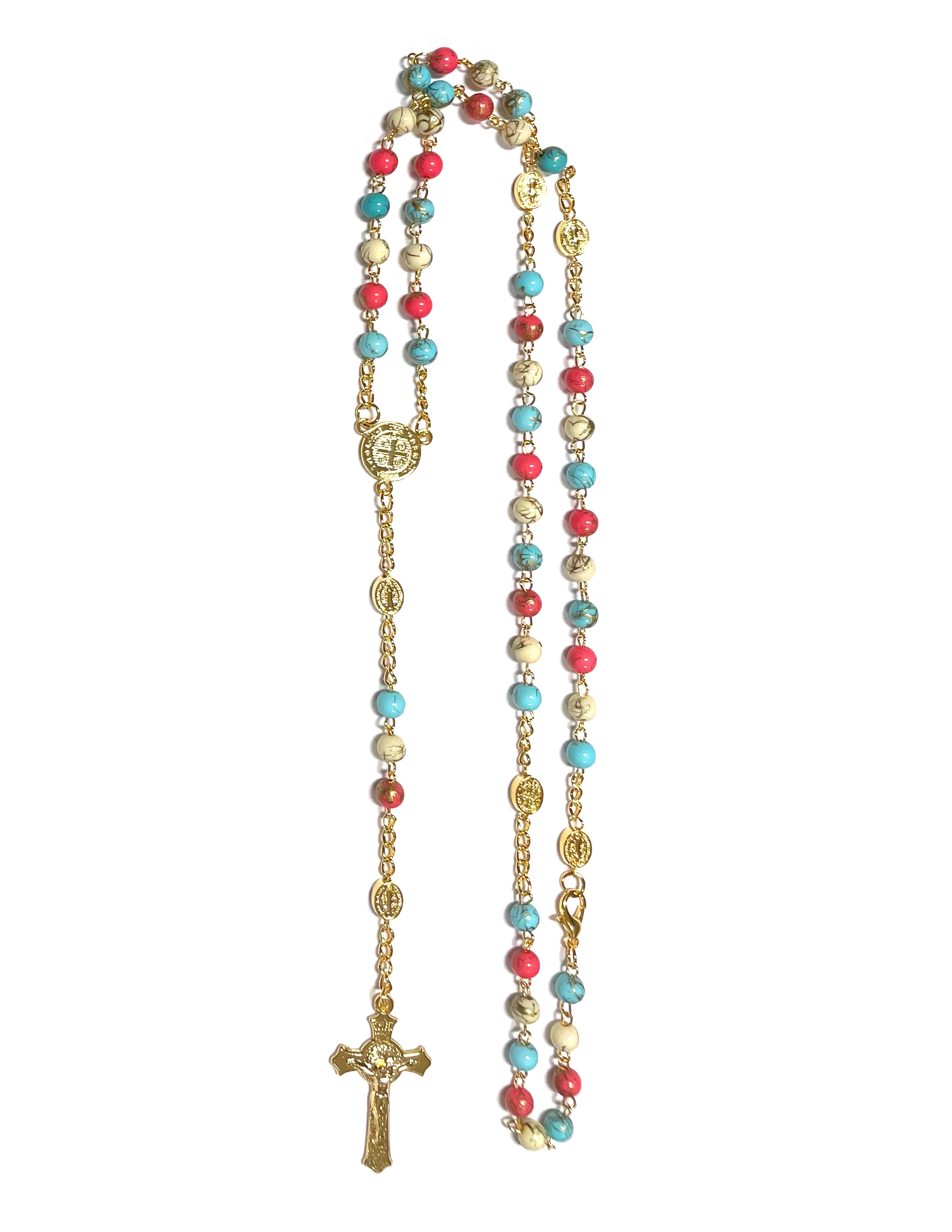 Golden Saint Benedict rosary with colorful stones beads