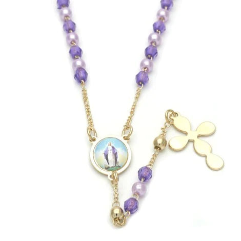 Rosary necklace purple beads and Miraculous medal In color 18”