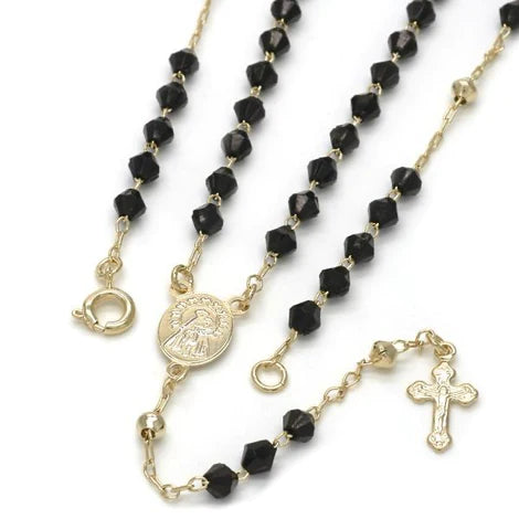 Black beads rosary necklace with caridad del cobre medal