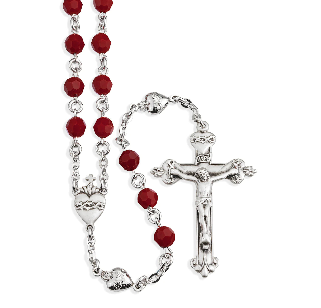 Round Coral Red Swarovski Crystal Sterling Silver Rosary
