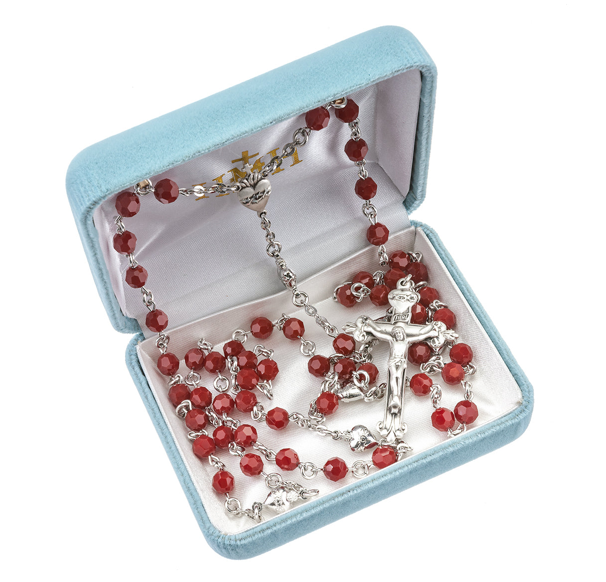 Round Coral Red Swarovski Crystal Sterling Silver Rosary