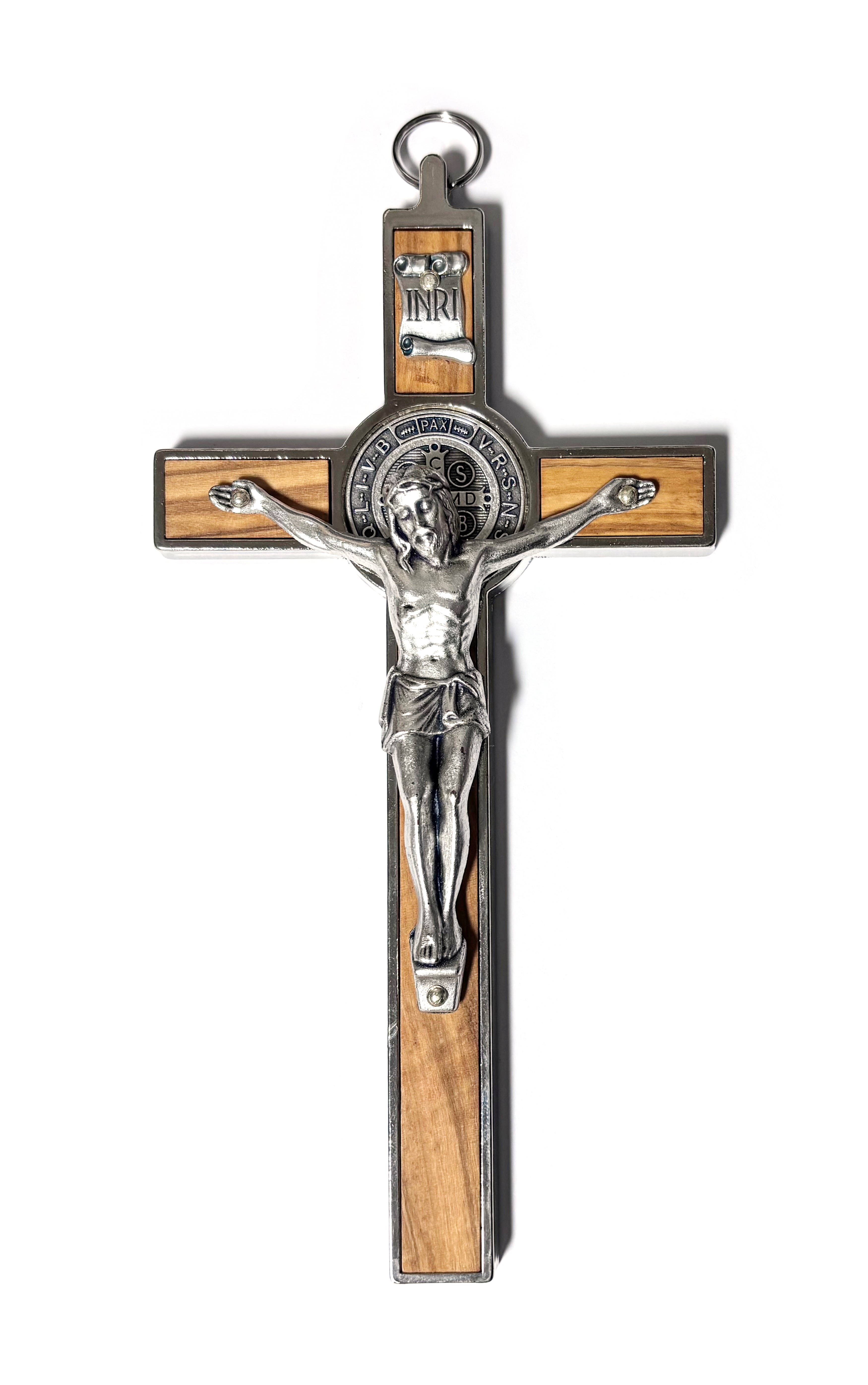 8" Luxury silver and imitation wood wall crucifix with Saint Benedict medal