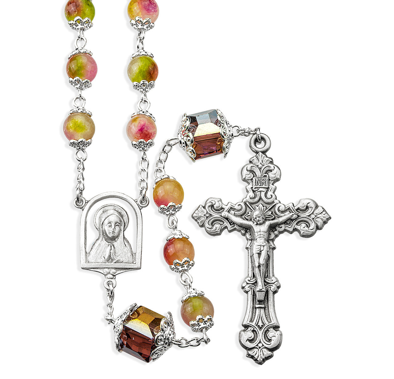 Multicolor double capped rose glass bead rosary/Pewter